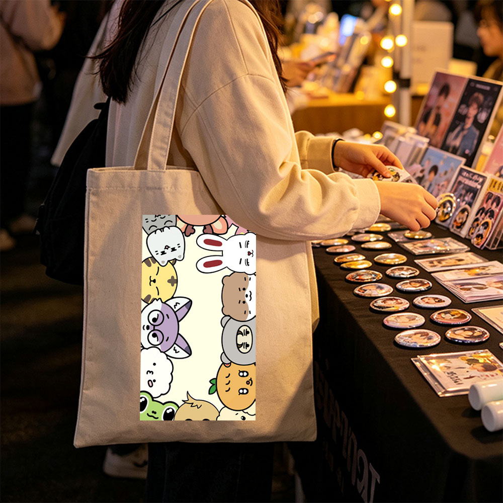 Cute Cartoon Characters in a Playful Pattern with Whimsical Expressions and Bright Colors - Canvas tote bags