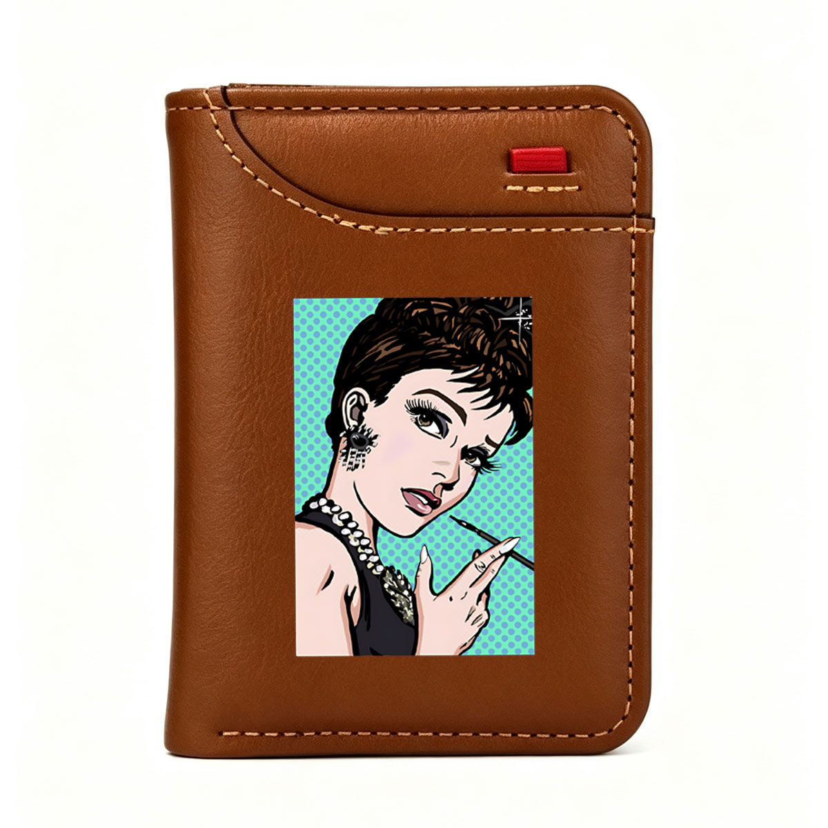 Audrey Hepburn in Pop Art Style, Wearing Pearls and Holding a Cigarette - Vertical Style Wallet