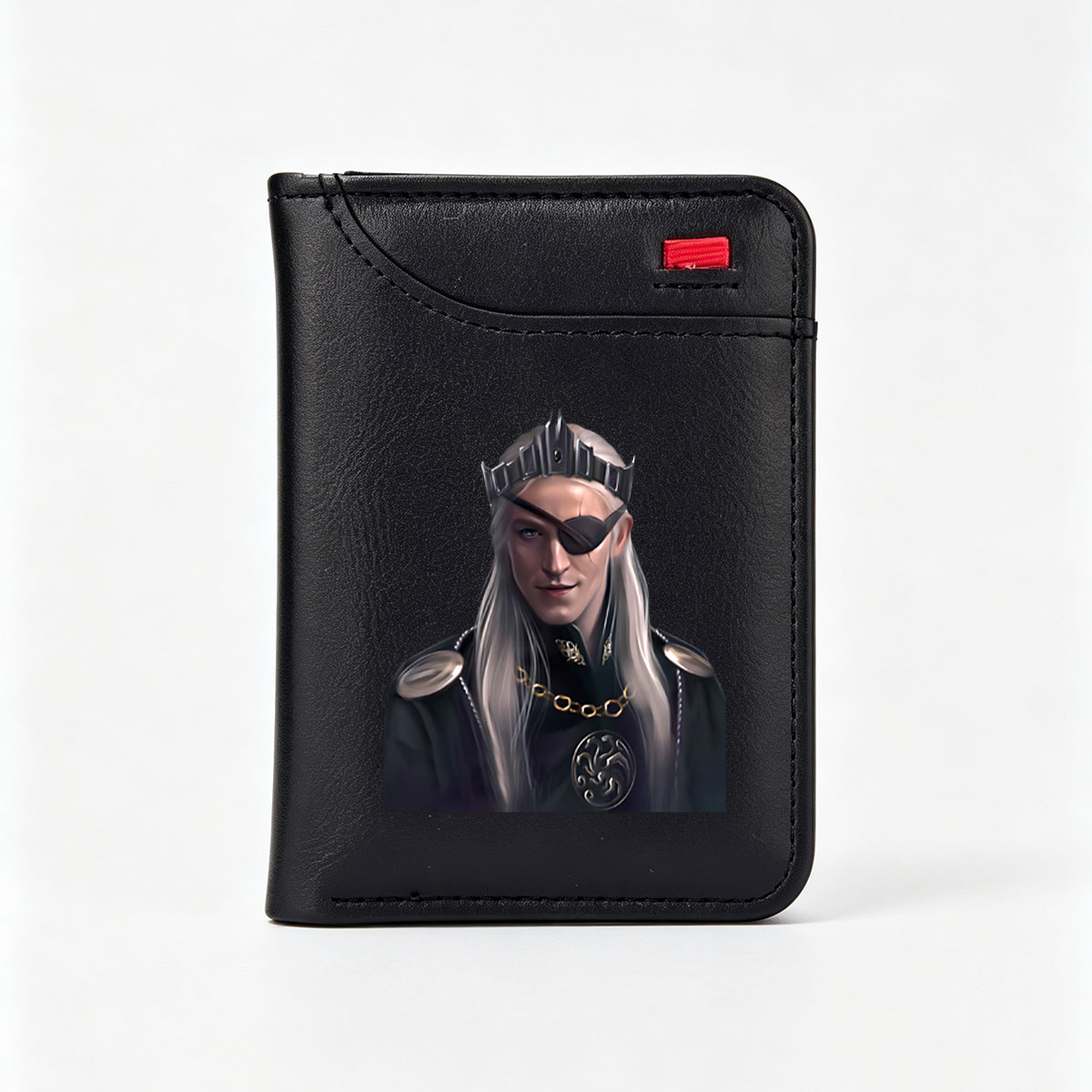 King with Long White Hair and Eye Patch Wearing Crown and Dark Robe - Vertical Style Wallet