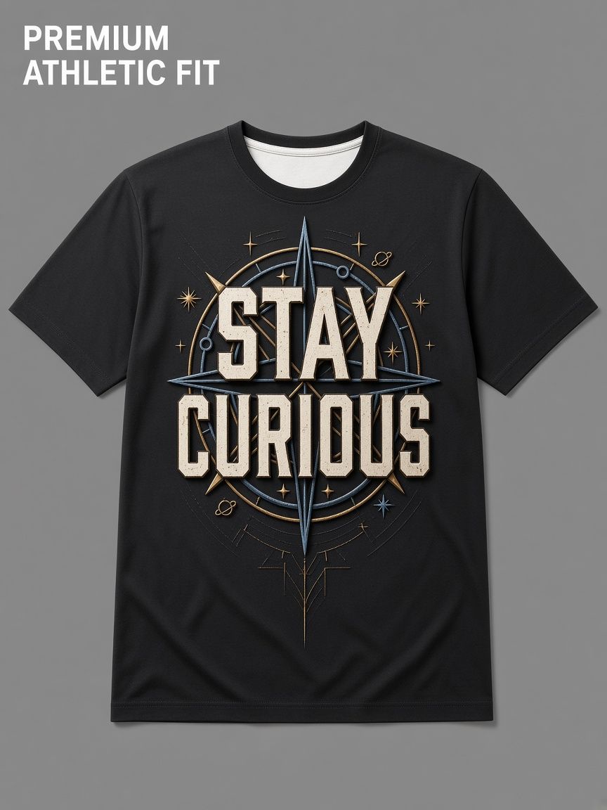 Stay Curious Compass 3D Optical Illusion Graphic Tee Breathable Athletic Mesh T-Shirt Casual Sports Wear
