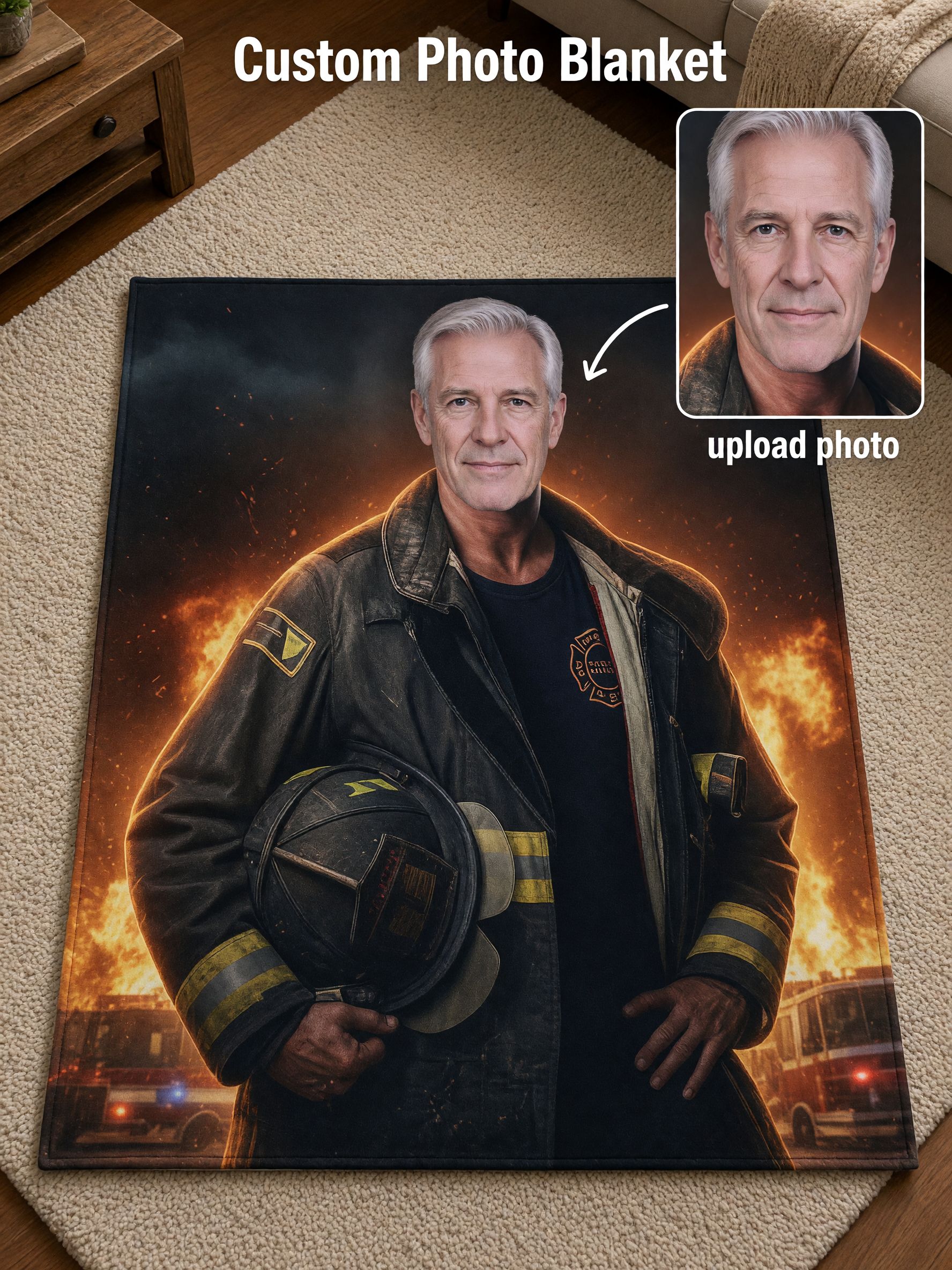 Custom Face Photo Blanket Personalized Firefighter Flannel Fleece Throw Soft Skin-Friendly Cozy Keepsake Gift