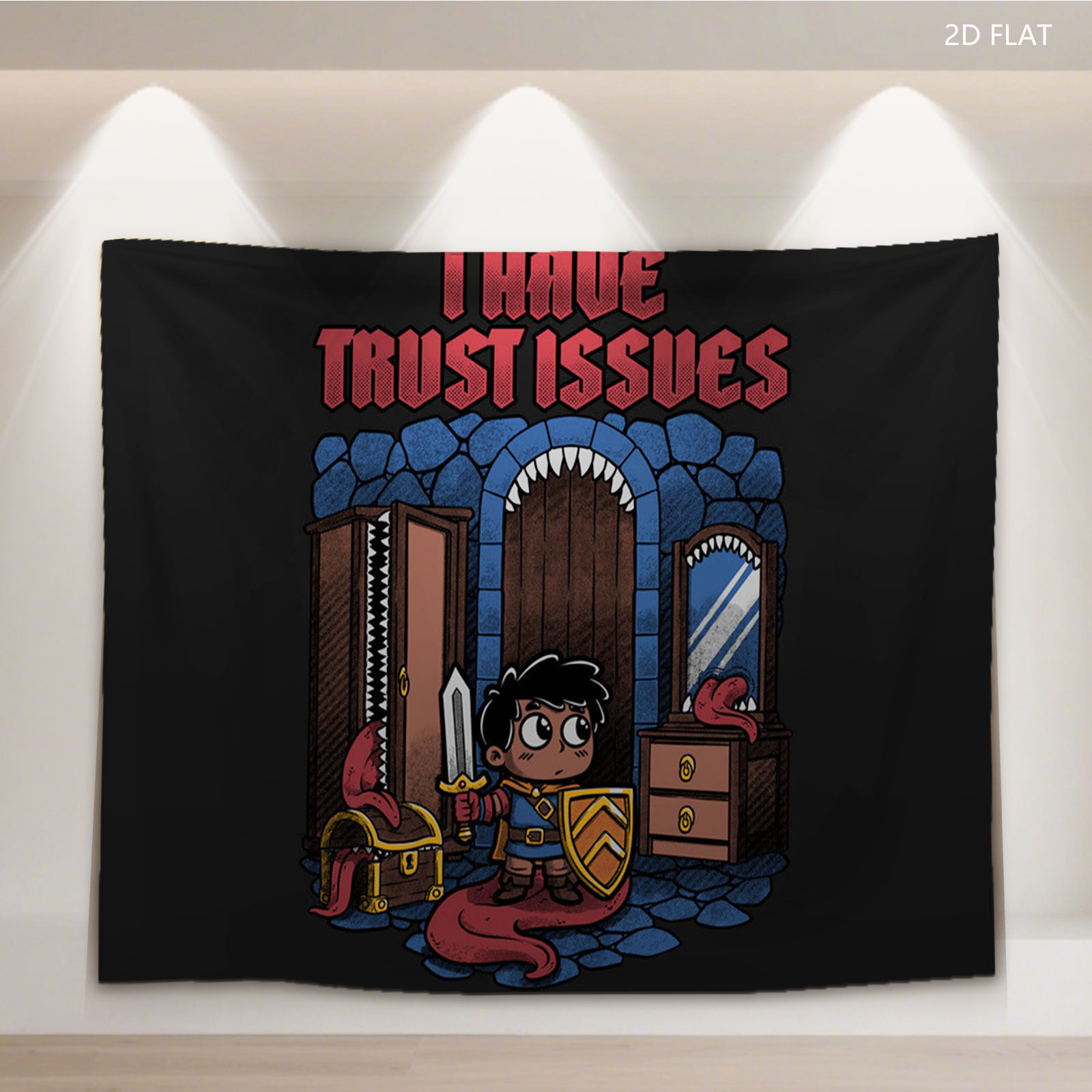 I Have Trust Issues: A Knight with a Sword and Shield Stands Before a Door with a Dragon's Tail, Chest, and Mirror in a Stone Room - Tapestry