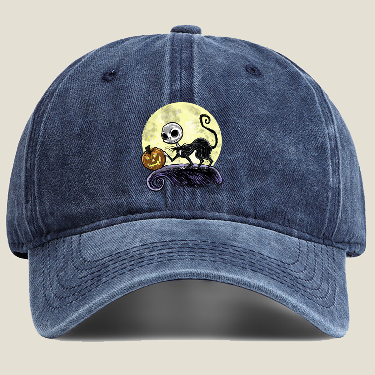 Jack Skellington and Pumpkin Moon - Washed Denim - Baseball Cap