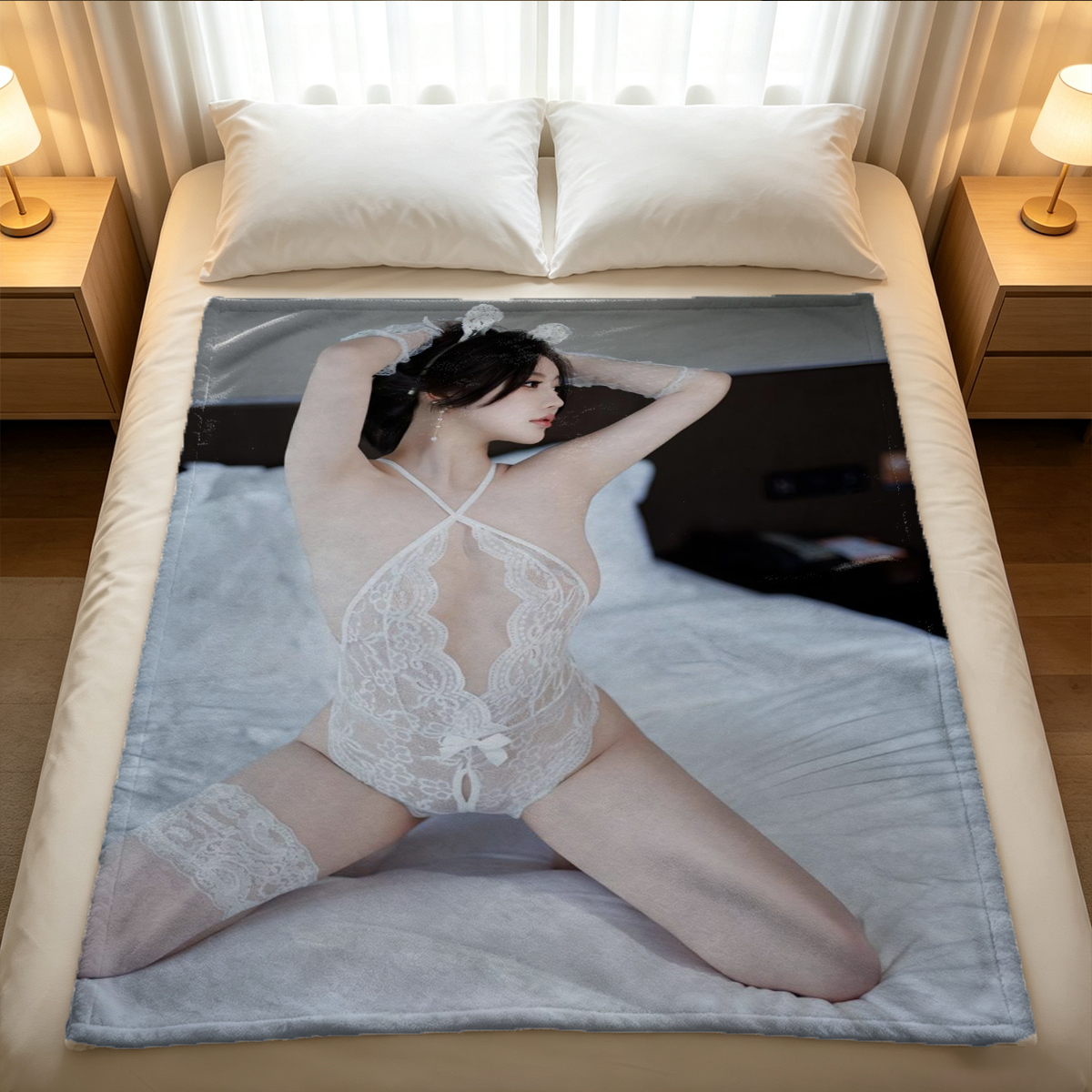 Nude Japanese Girl in Black Tape Bondage Sitting on Floor - Blanket