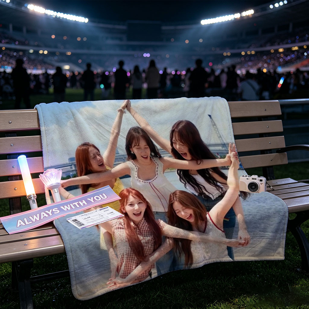 NewJeans at the Beach - Five Members Posing in a Star Shape Under Blue Sky - Blankets
