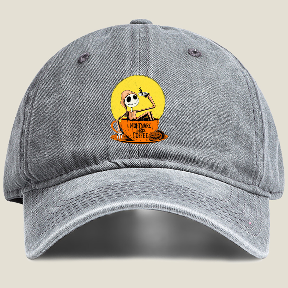 Jack Skellington in Coffee Cup - Nightmare Before Coffee - Washed Denim - Baseball Cap