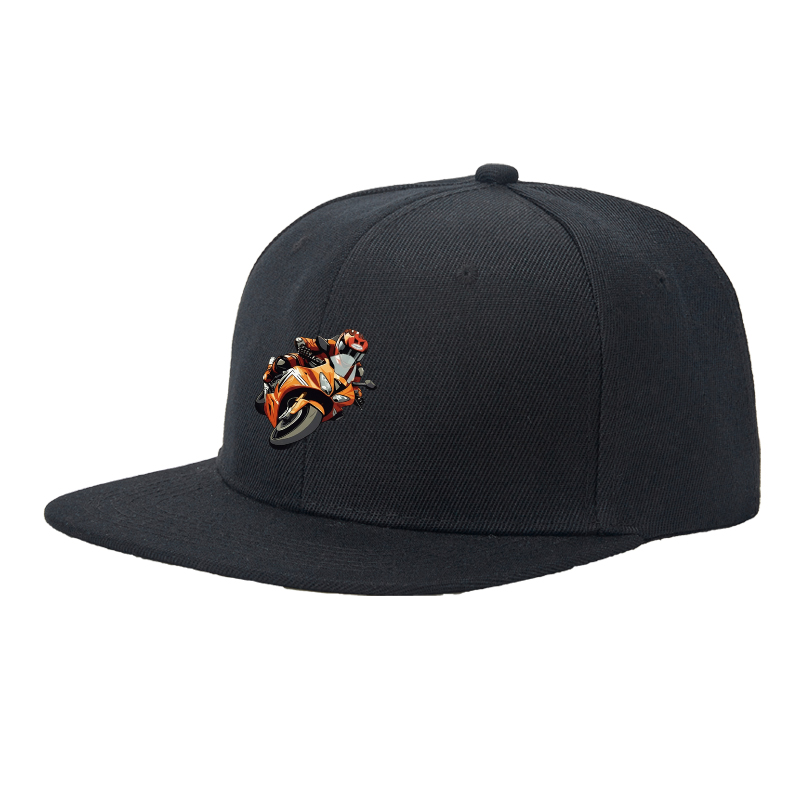 Flat Brim Baseball Cap Orange Motorcycle Rider Graphic Streetwear Underground Skate Style for Bike Track Urban Riders and Moto Enthusiasts