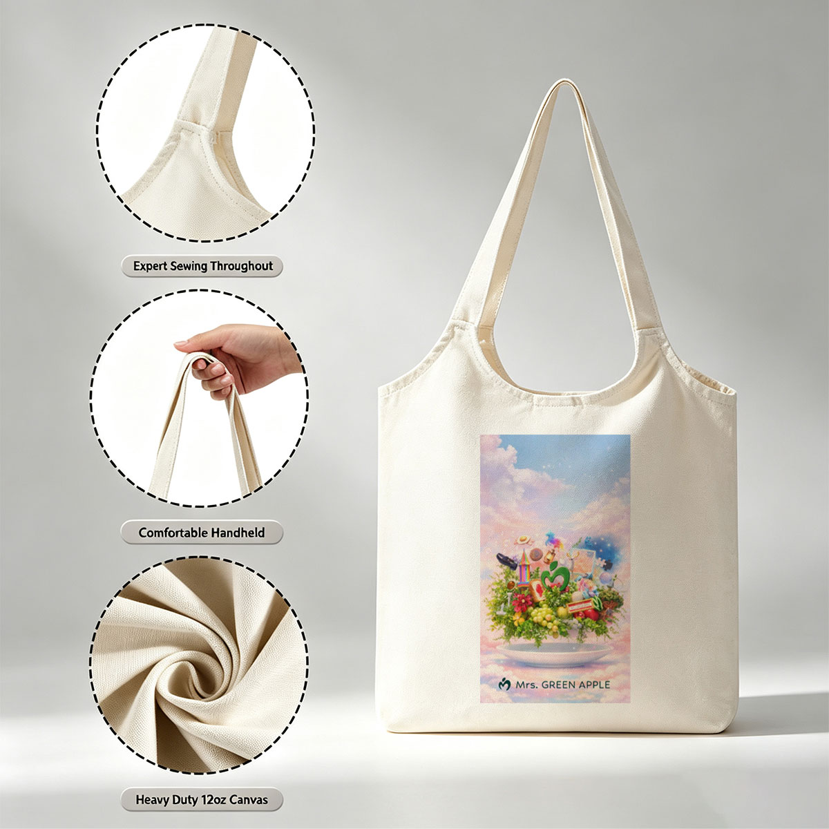 Mrs. GREEN APPLE Fantasy Garden Scene with Colorful Objects and Nature Elements on a Plate - Canvas shoulder bags/