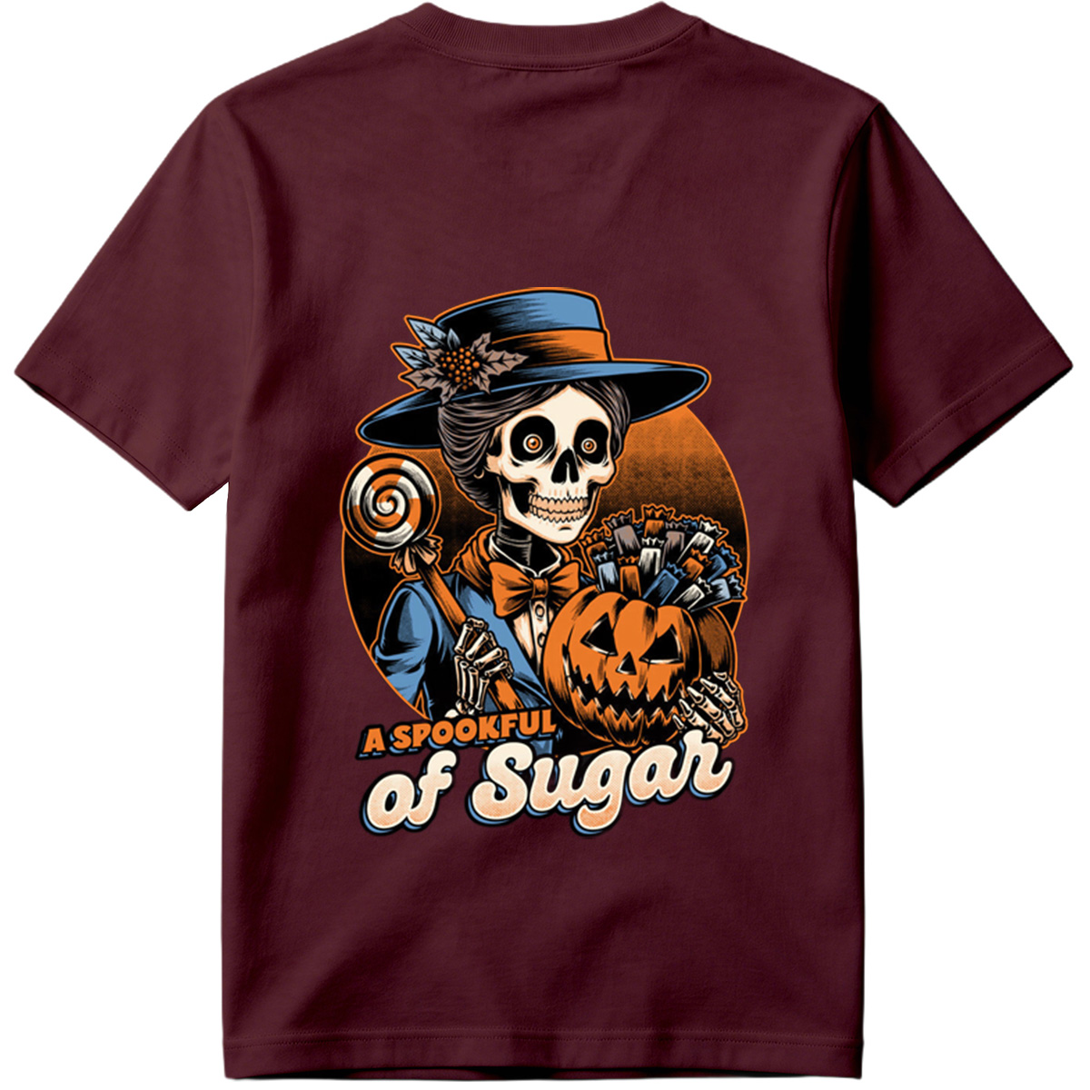 A Spookful of Sugar: Skeleton Lady with Pumpkin and Candy - Tee