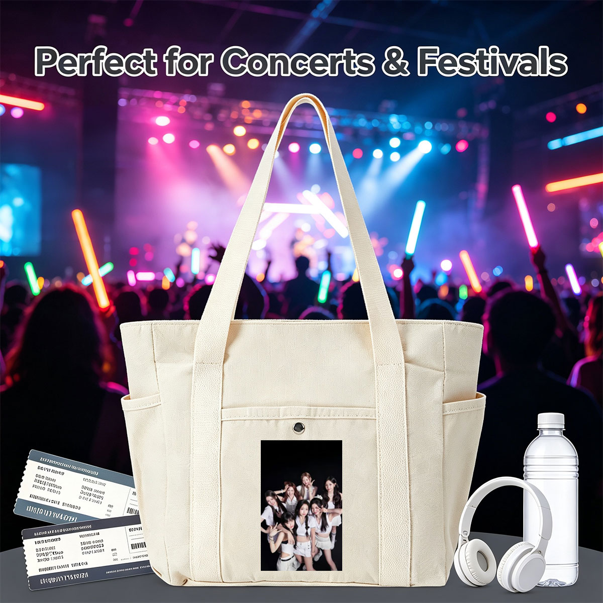 Kep1er Group Photo in White Outfits on Black Background - Multi-pocket bags