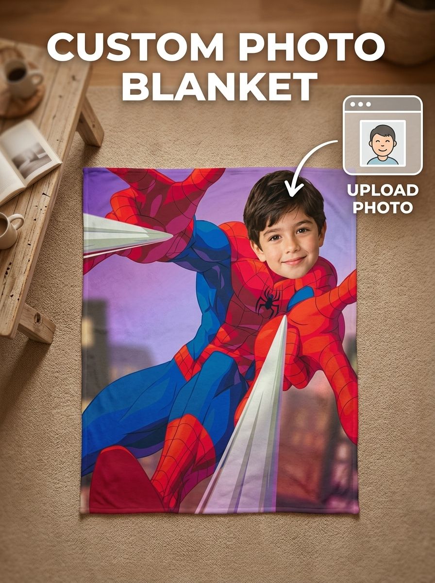 Custom Superhero Photo Blanket, Personalized Face Flannel Throw, Ultra Soft Anti-Pilling Cozy Fleece Blanket for Kids