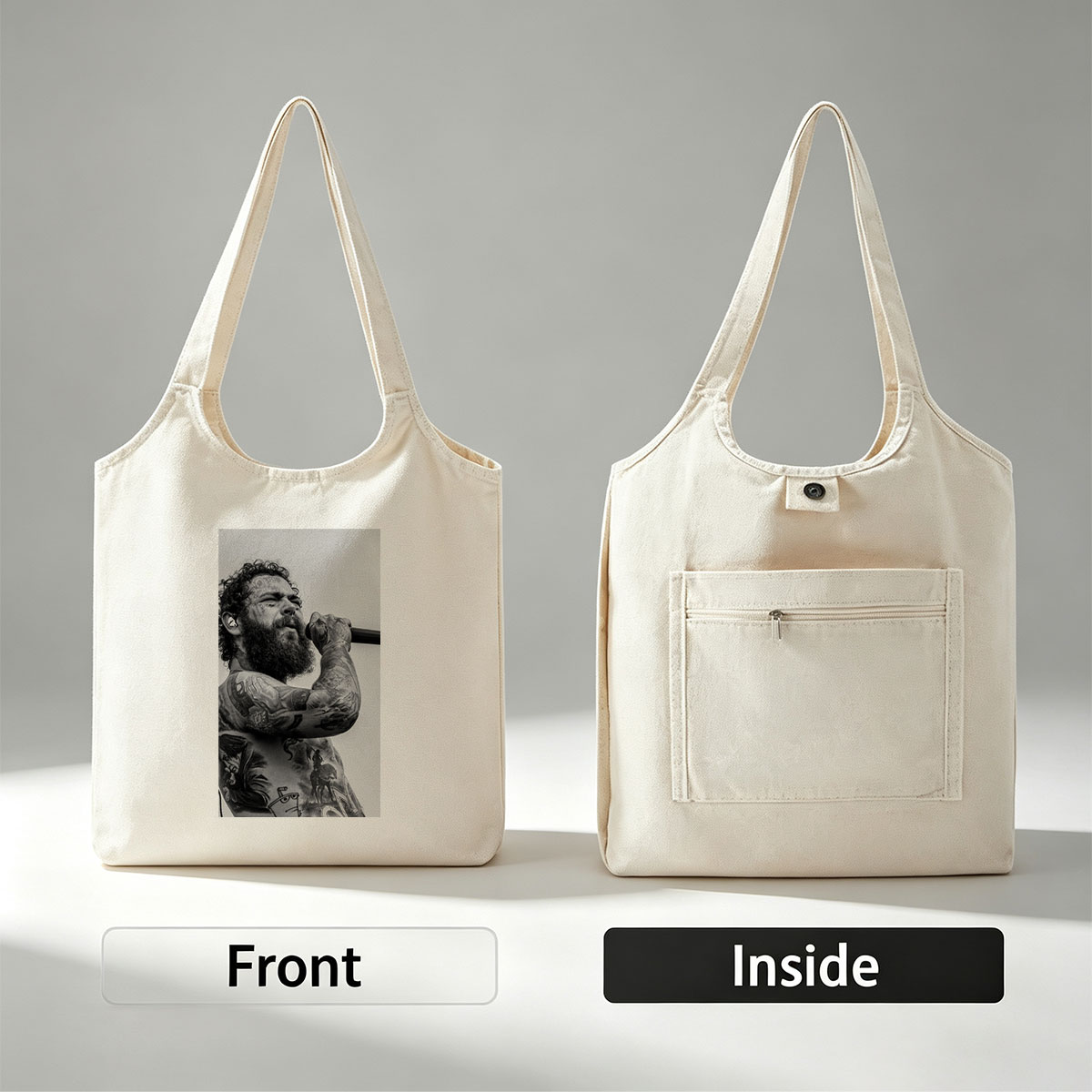 Post Malone Performing on Stage with Tattooed Arms and Beard in Black and White Photo - Canvas shoulder bags/