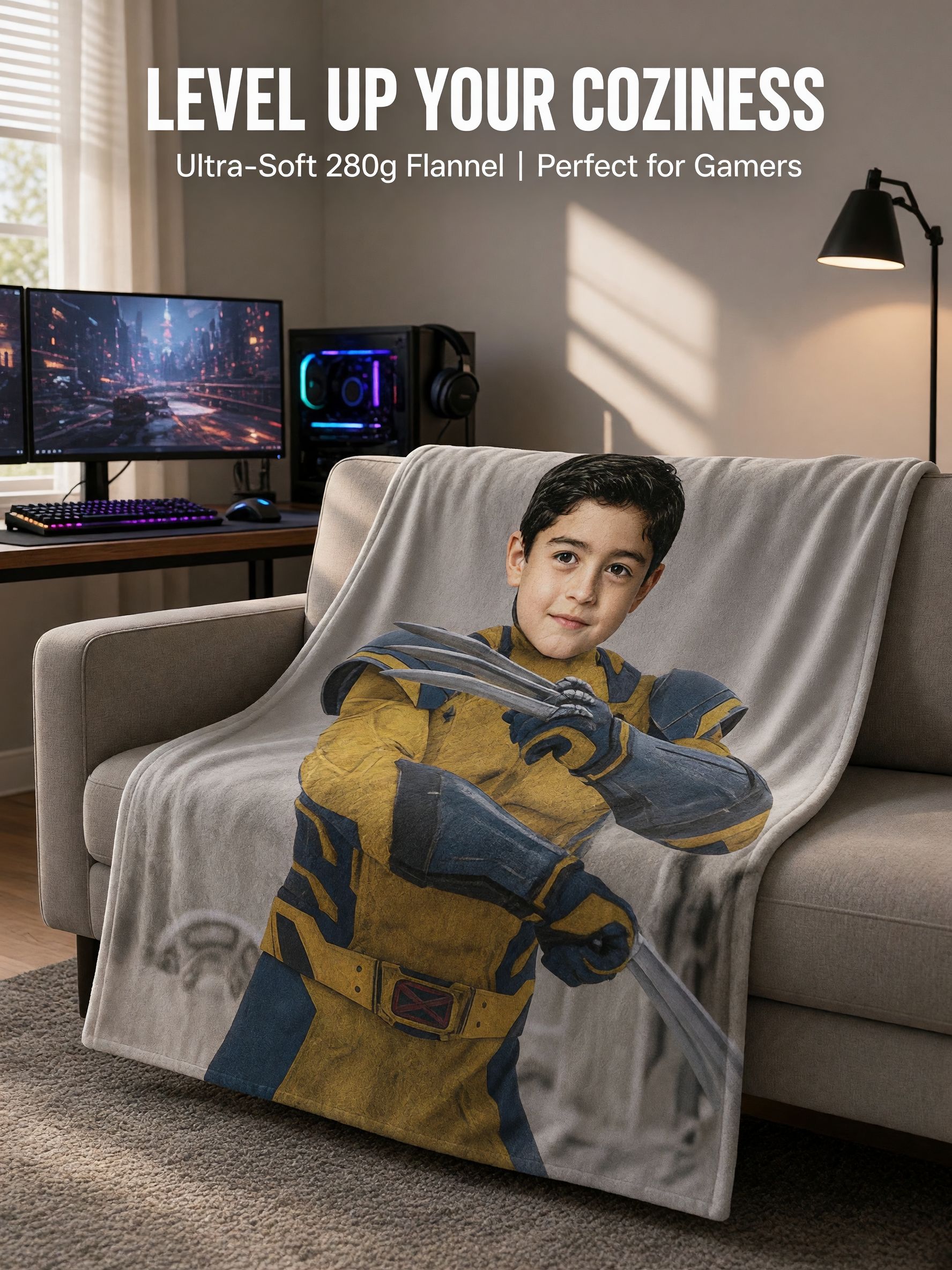Custom Face Photo Blanket Personalized Superhero Flannel Fleece Throw Cozy Birthday Gift for Kids and Family