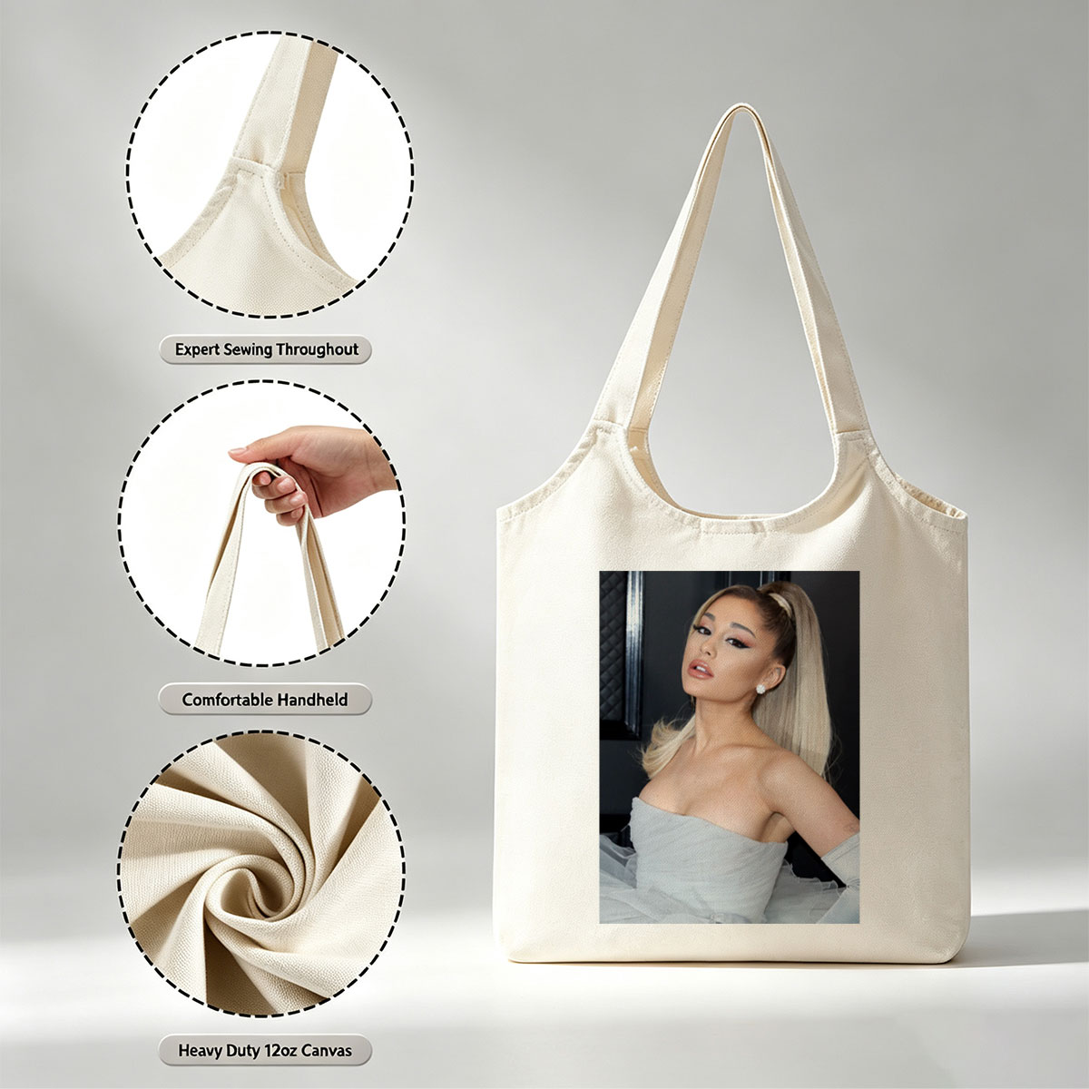 Ariana Grande at a Red Carpet Event Wearing a Light Blue Strapless Gown with Tulle Skirt and High Ponytail Hairstyle - Canvas shoulder bags/
