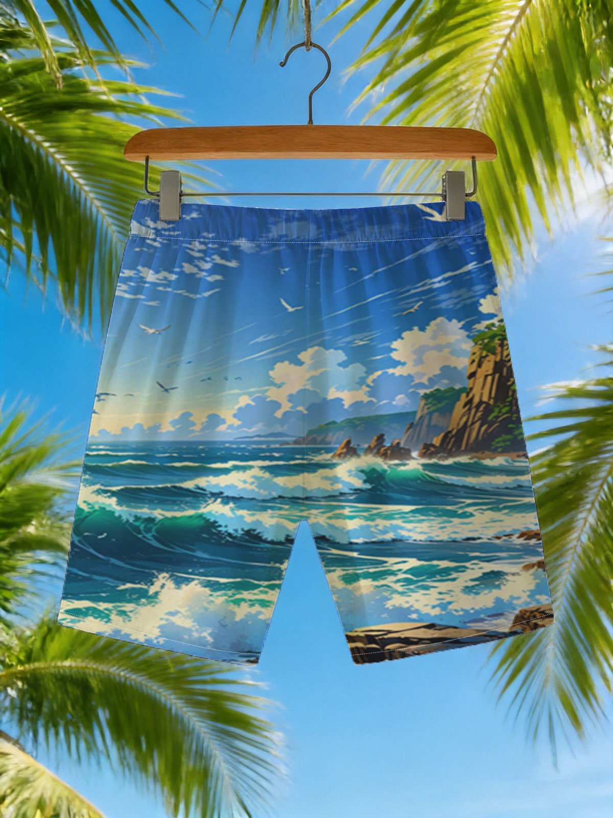 Ocean Waves Crashing Against Rocky Coastline Under Blue Sky -  Beach shorts