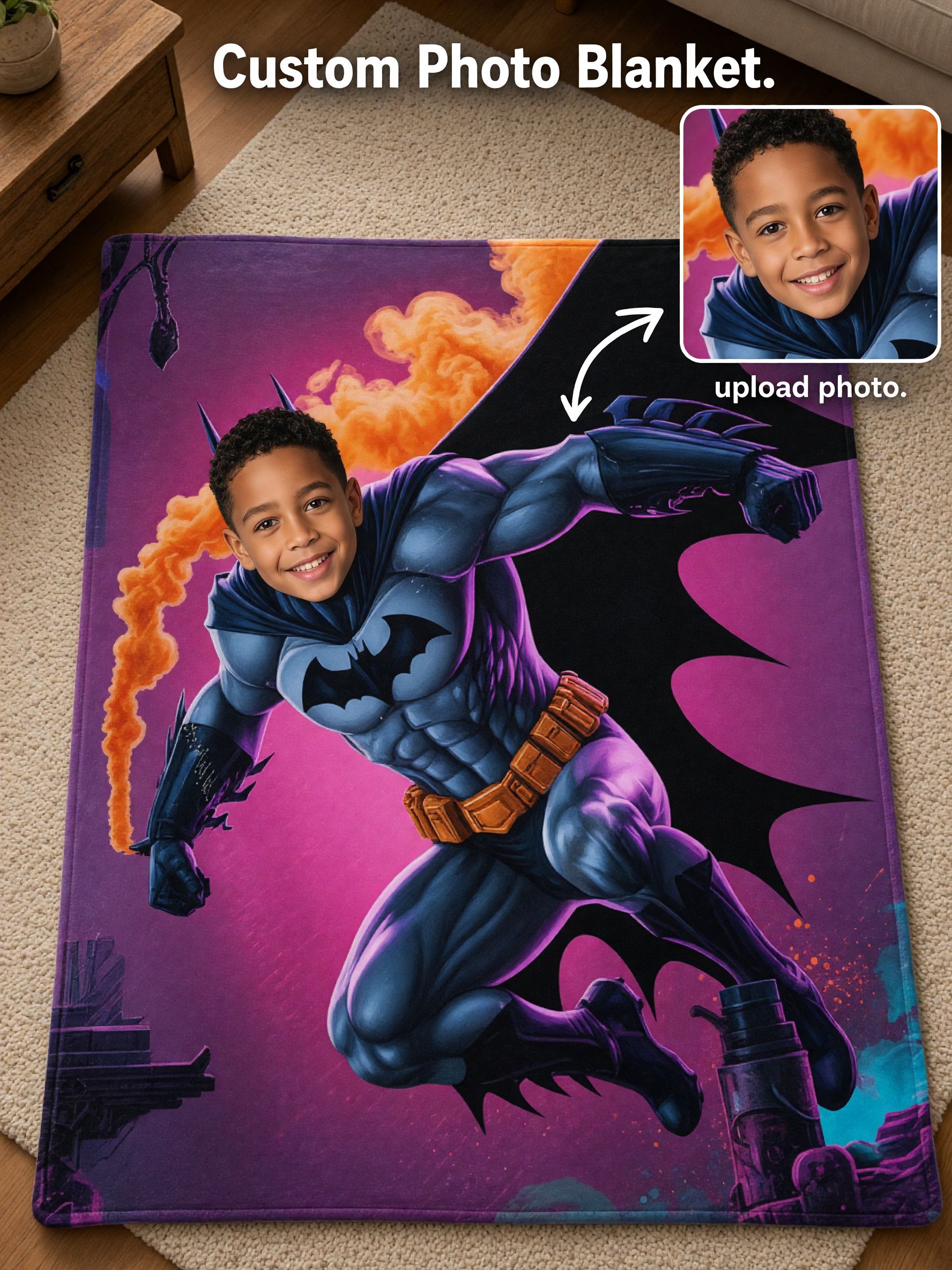 Custom Photo Face Superhero Blanket, Ultra-Soft Flannel Throw, Personalized Cozy Gift for Kids and Family