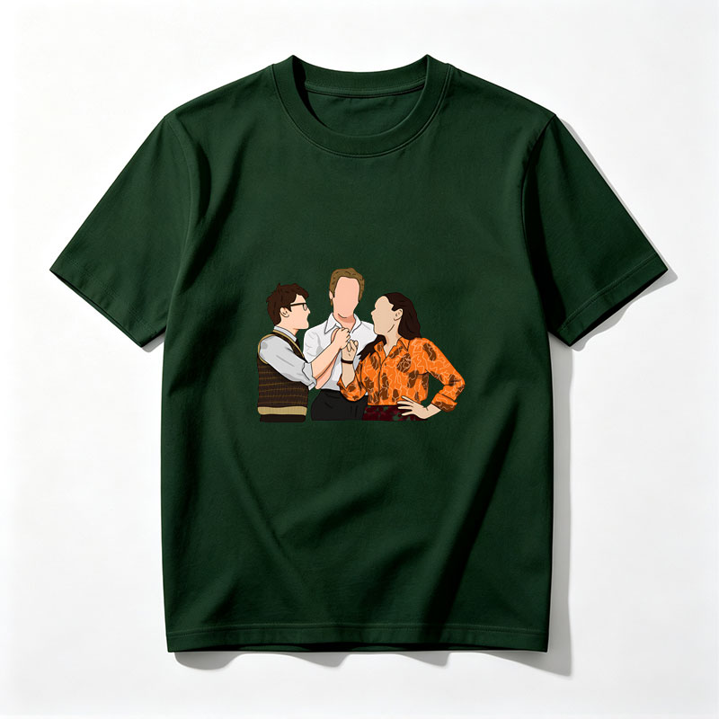Three Characters in a Tense Interaction: Man in Vest, Central Figure, and Woman in Orange Shirt - Tee