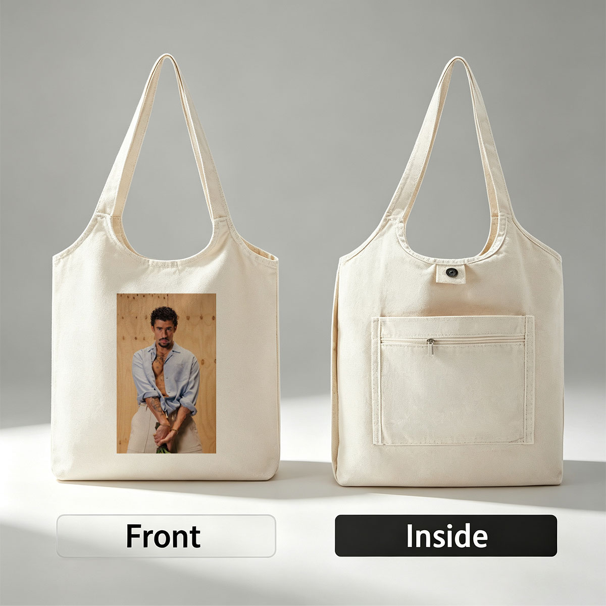 Bad Bunny in a Casual Pose Wearing an Open Light Blue Shirt and Beige Pants Against a Wooden Background - Canvas shoulder bags/