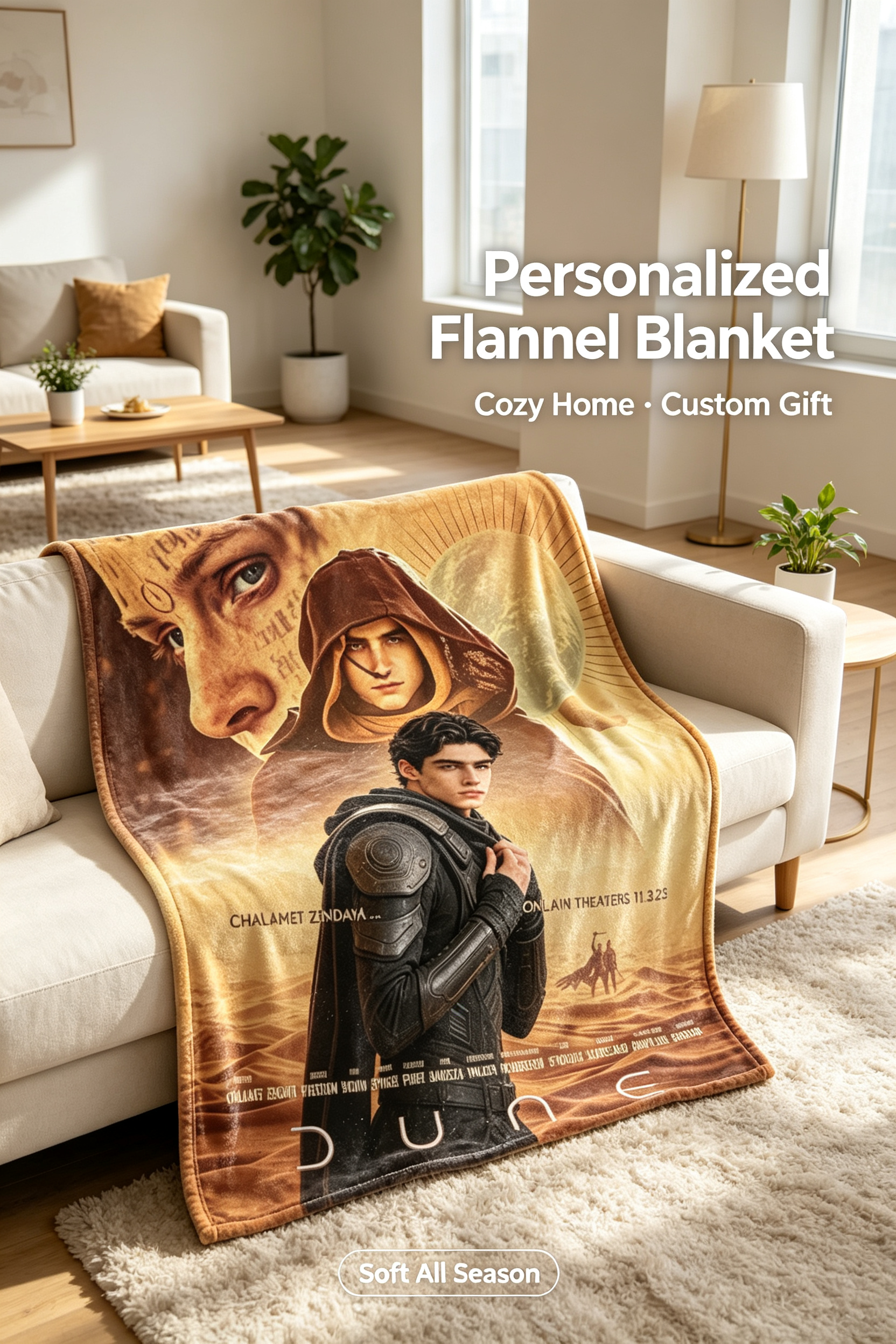 Custom Face Blanket Dune Part Two Movie Character Flannel Blanket for Fans and Collectors — Perfect Gift or Giveaway for Sci-Fi Enthusiasts
