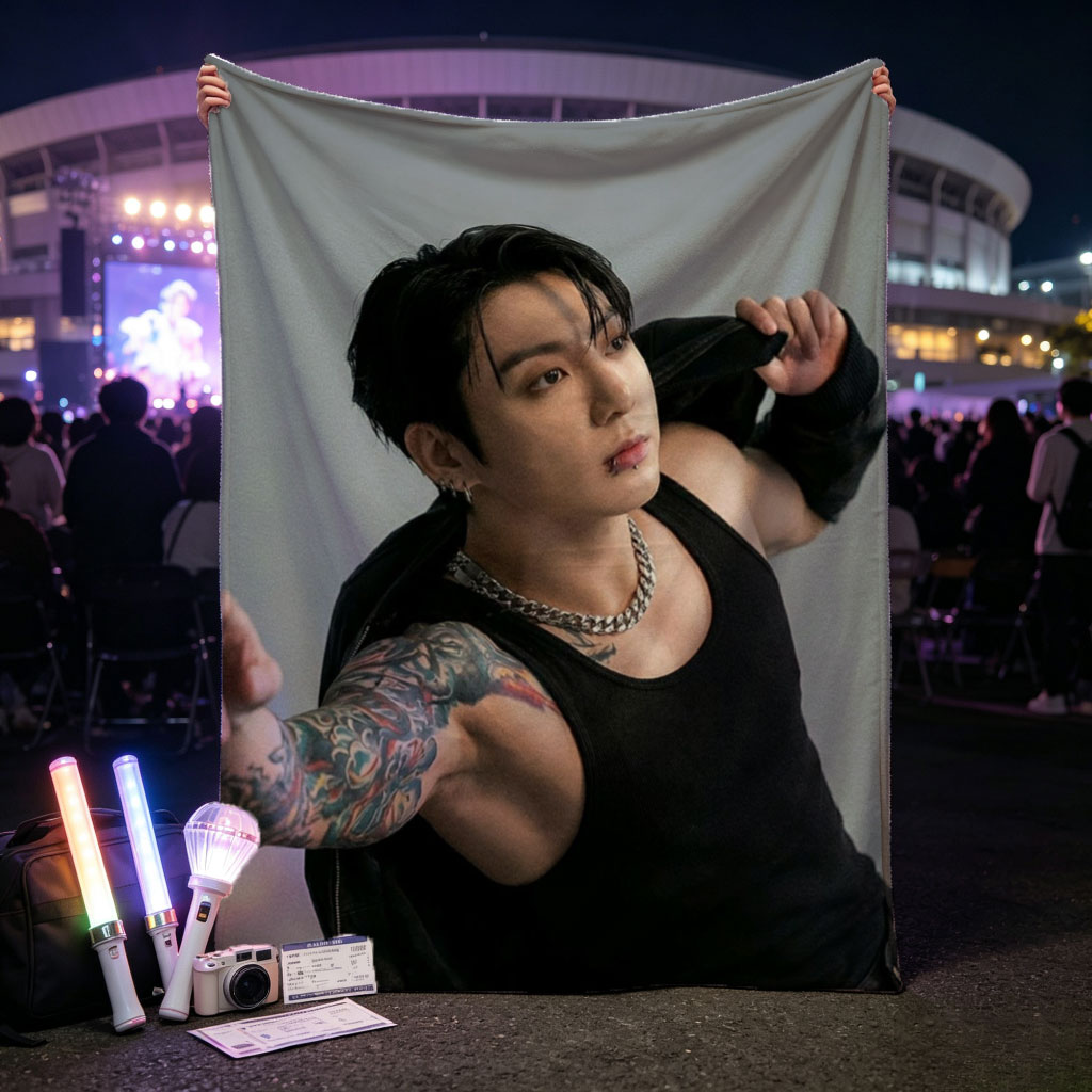BTS Jungkook in a Powerful Pose with Tattooed Arm and Black Tank Top - Blankets