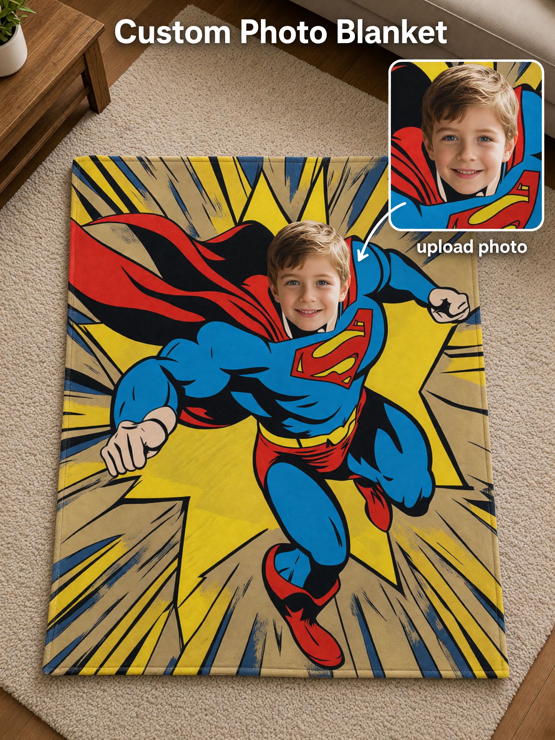 Custom Superhero Photo Flannel Fleece Throw Blanket Personalized Comic Style Keepsake Cozy Bed Sofa Bedding Gift