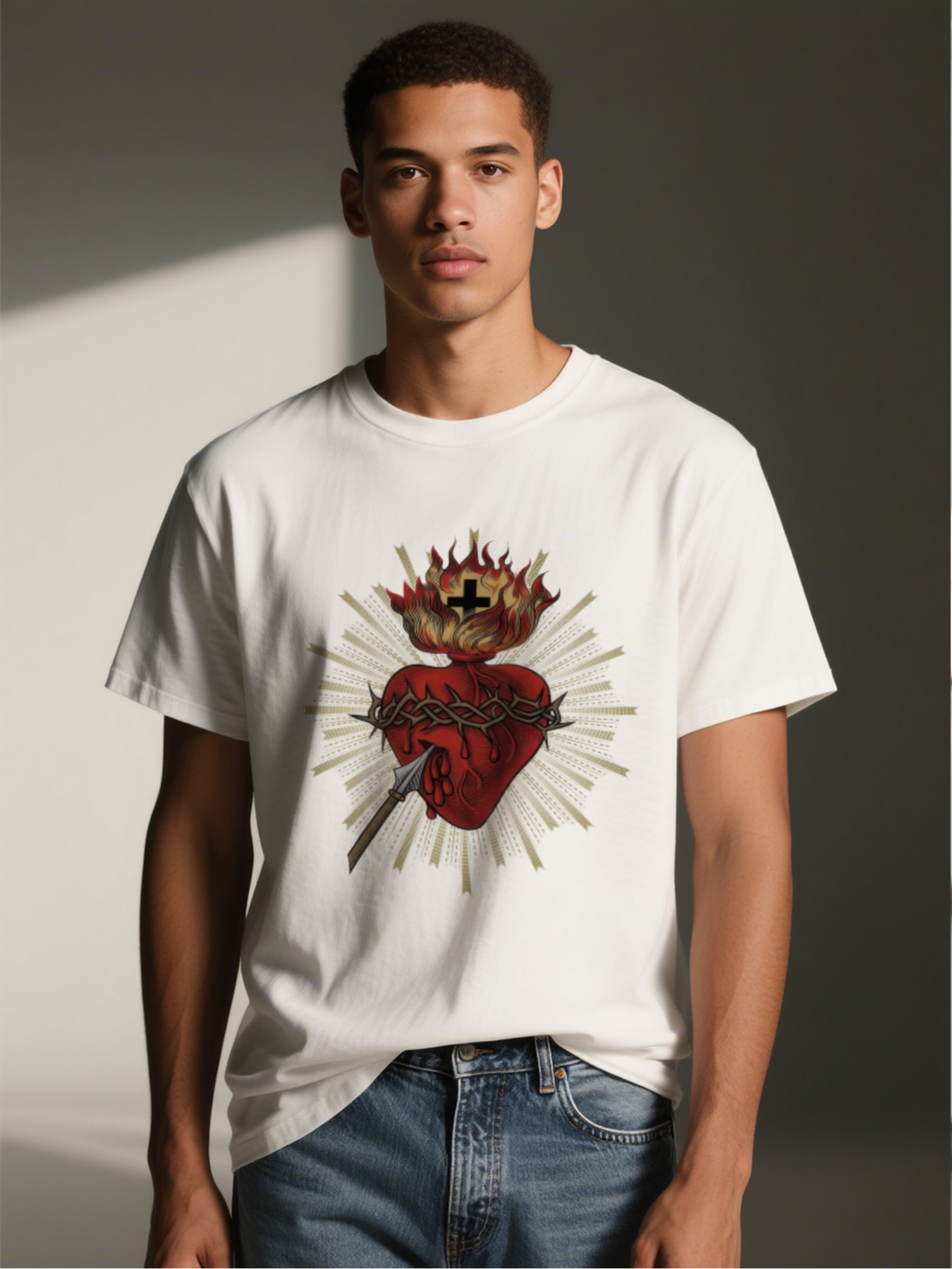 Men's Printed T-Shirt Sacred Heart with Crown of Thorns and Flame Cross Design Casual Round Neck Summer Lightweight Breathable Short Sleeve Tee for Religious Art Lovers and Faith-Based Fashion Enthusiasts