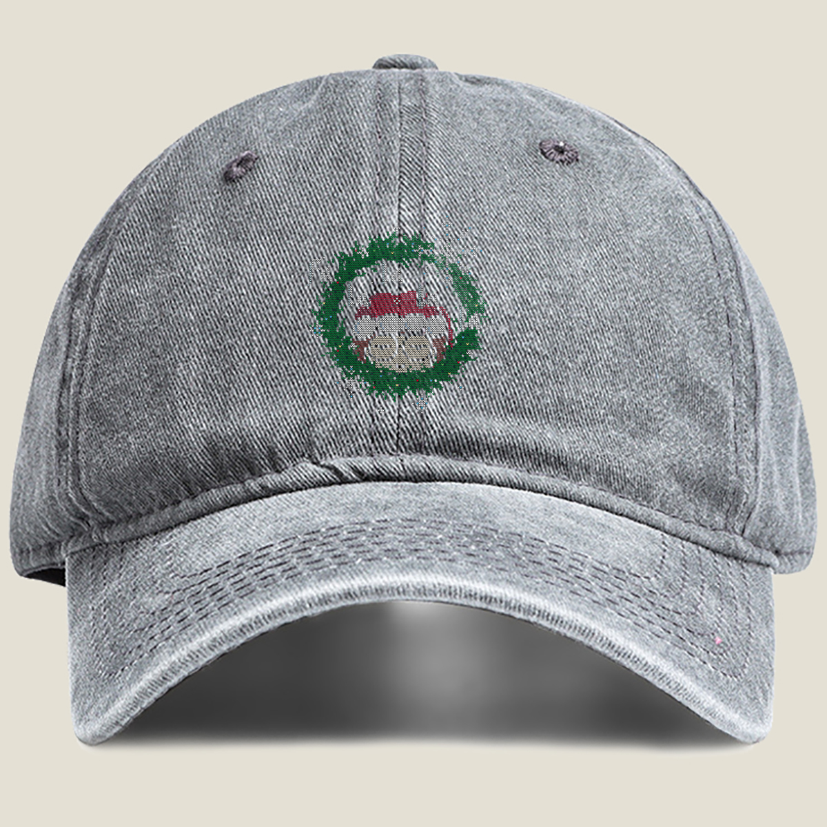 Santa Claus in a Christmas Wreath - Washed Denim - Baseball Cap