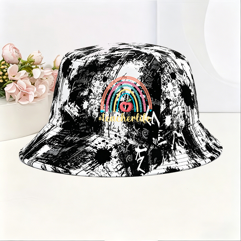 Unisex Classic Graffiti Bucket Hat with Rainbow Apple and #teacherlife Print | Stylish Sun Protection Hat for Teachers, Outdoor Activities, and Everyday Wear | Perfect Gift for Educators and Teaching Enthusiasts