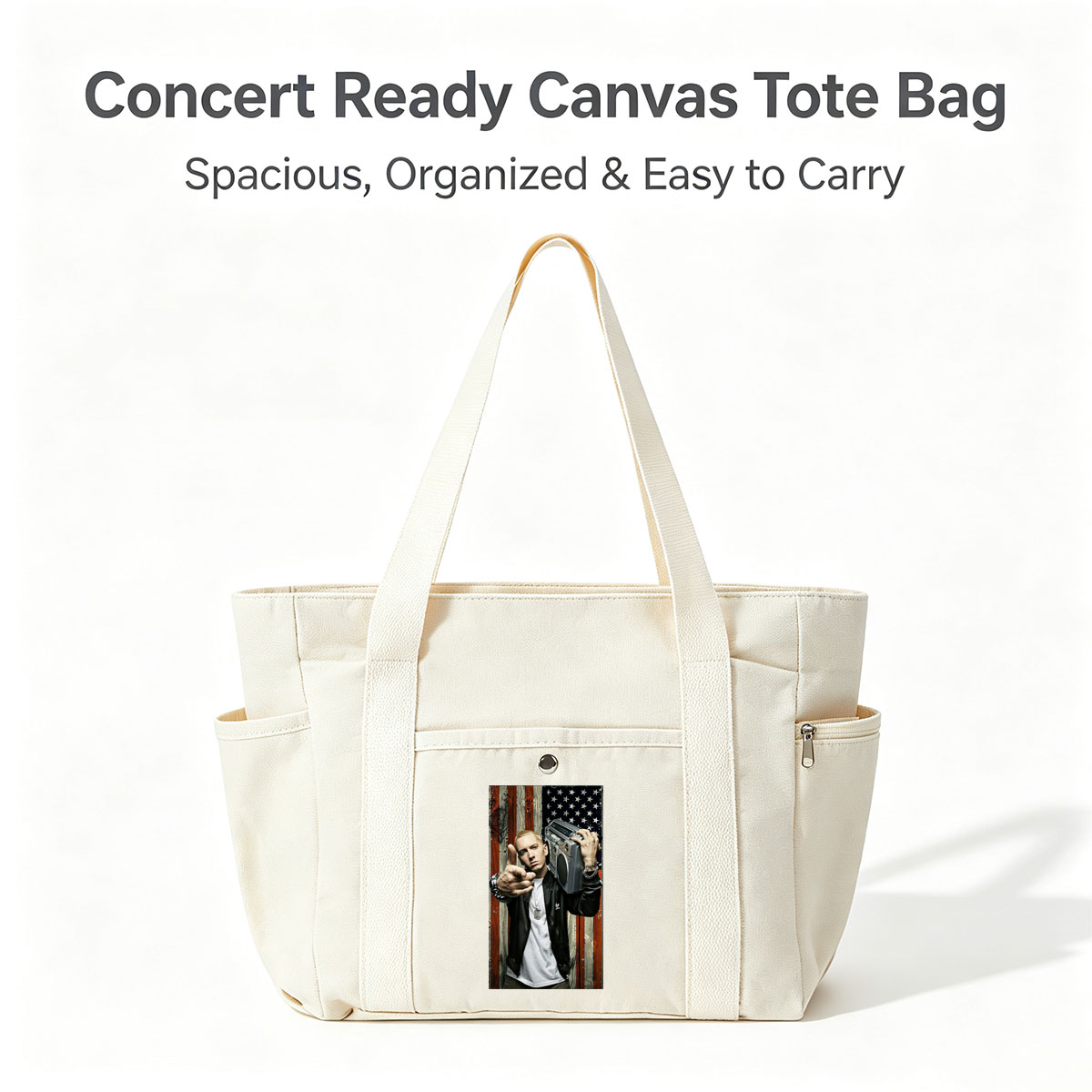 Eminem Holding Boombox Pointing at Camera Against American Flag Background - Multi-pocket bags