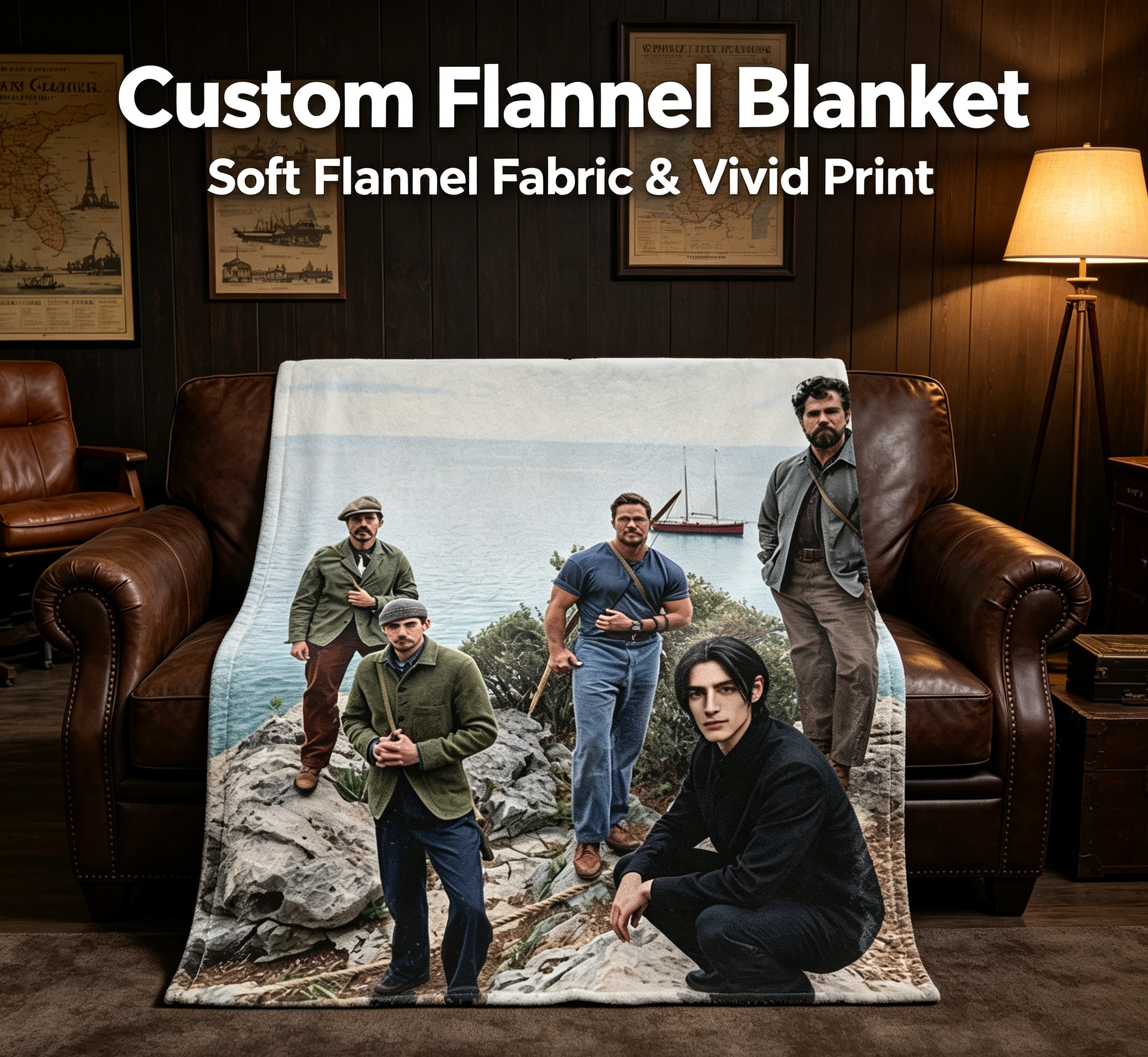 Custom Face Blanket Featuring Men on Rocky Coastline with Sailboat in Background Flannel Blanket Perfect for Outdoor Adventures and Cozy Nights Ideal Gift or Giveaway Item