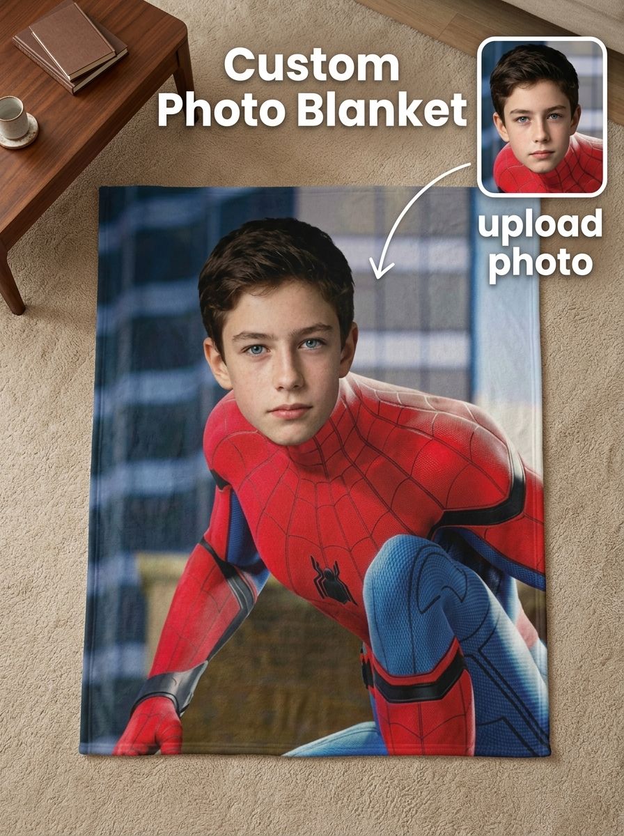 Custom Face Photo Superhero Throw Blanket, Ultra Soft Velvet Flannel Fleece Bed Cover, Ideal Personalized Gift for Kids