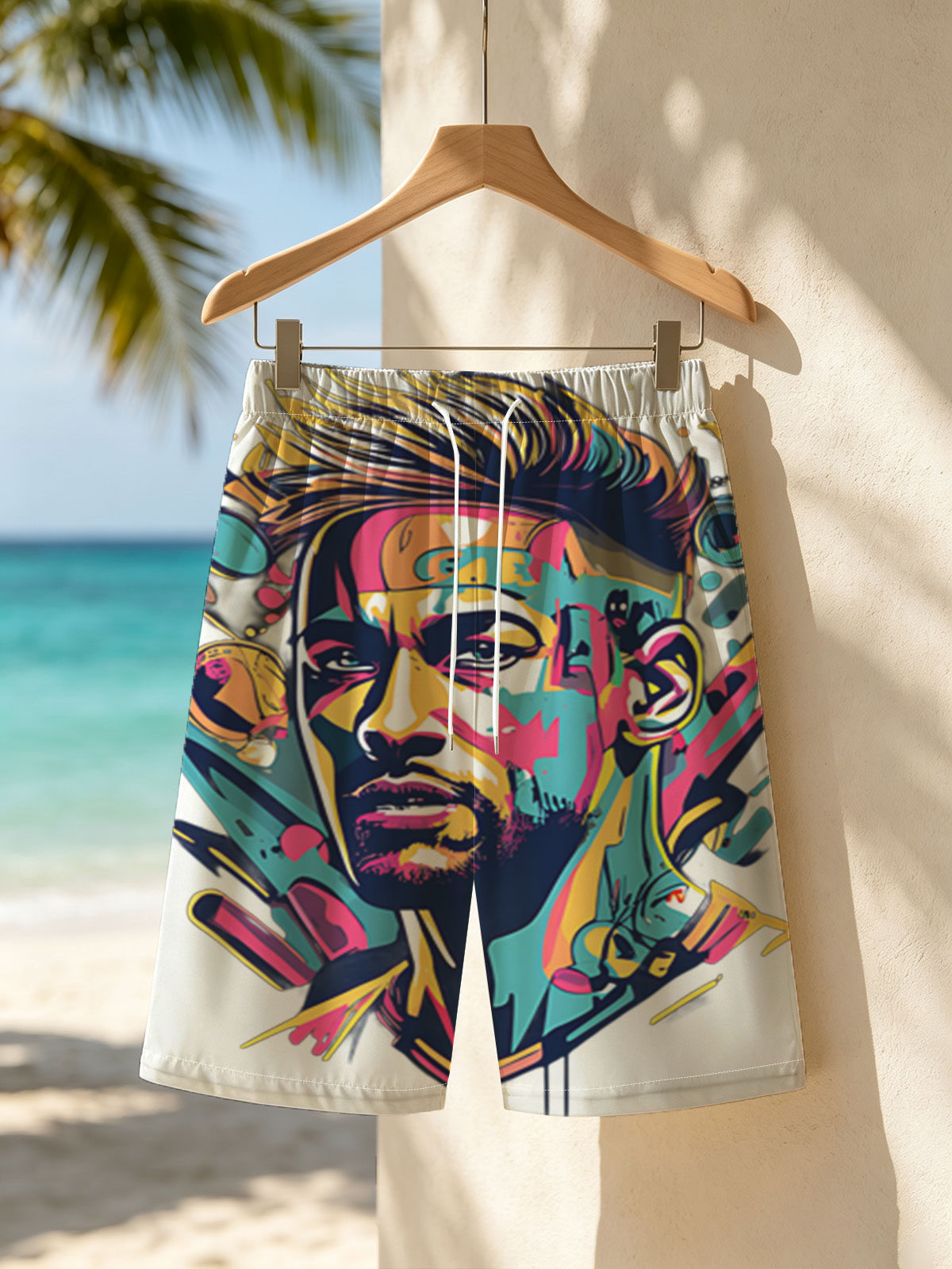 Colorful Abstract Portrait of a Man with Vibrant Patterns and Dynamic Elements -  Beach shorts