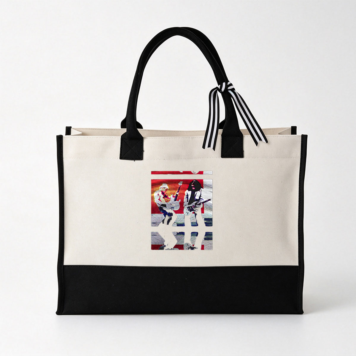 KISS Band Members in Iconic Makeup Performing on Stage - Canvas patchwork gift tote bag
