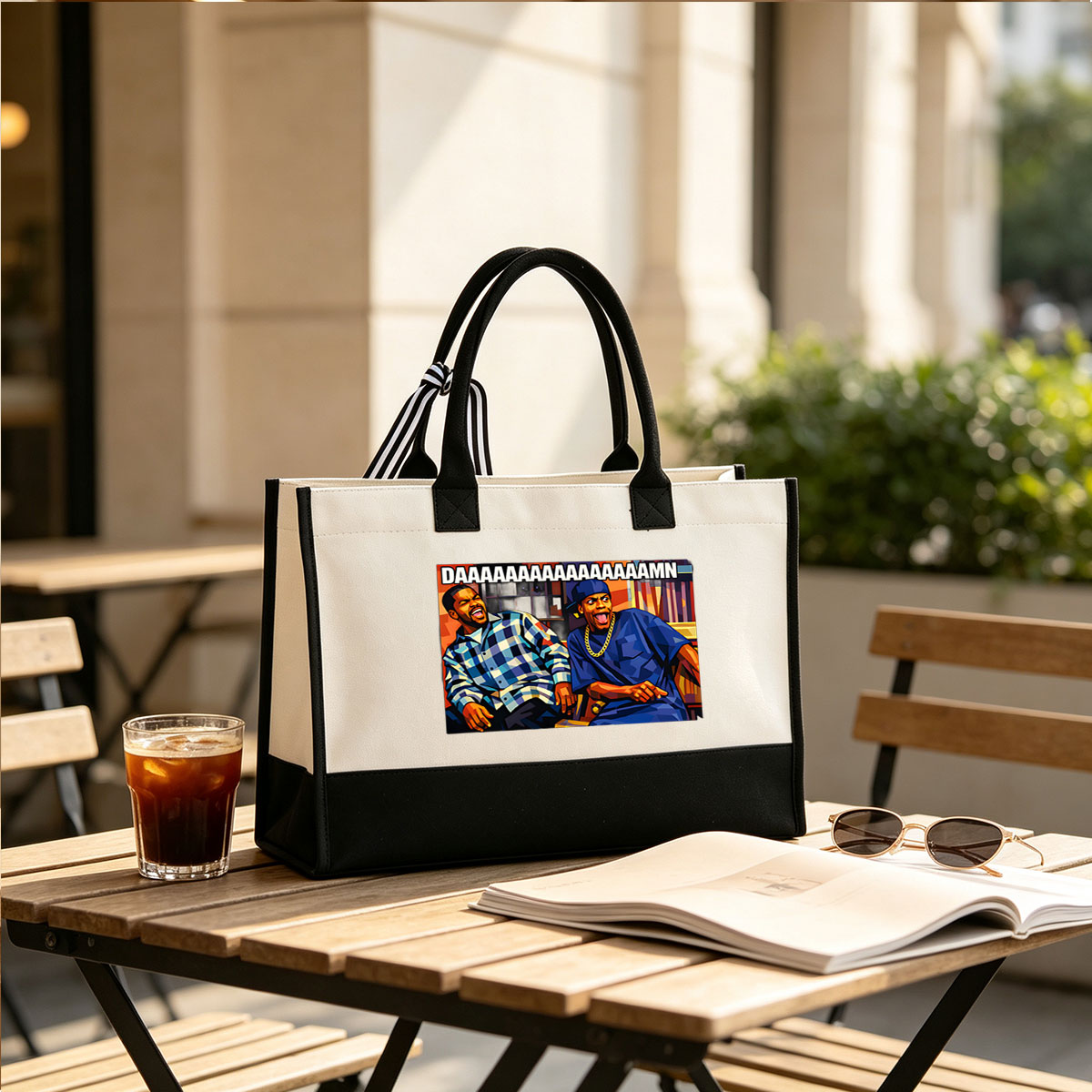 DAAAAMN: Two Men Reacting with Shock and Laughter - Canvas patchwork gift tote bag