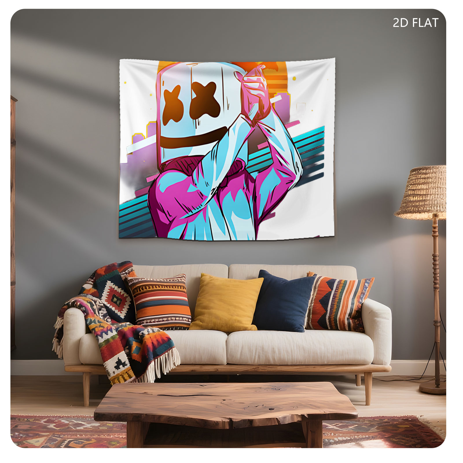 Marshmello in a vibrant neon outfit against a sunset cityscape, holding a phone to his head. - Tapestry