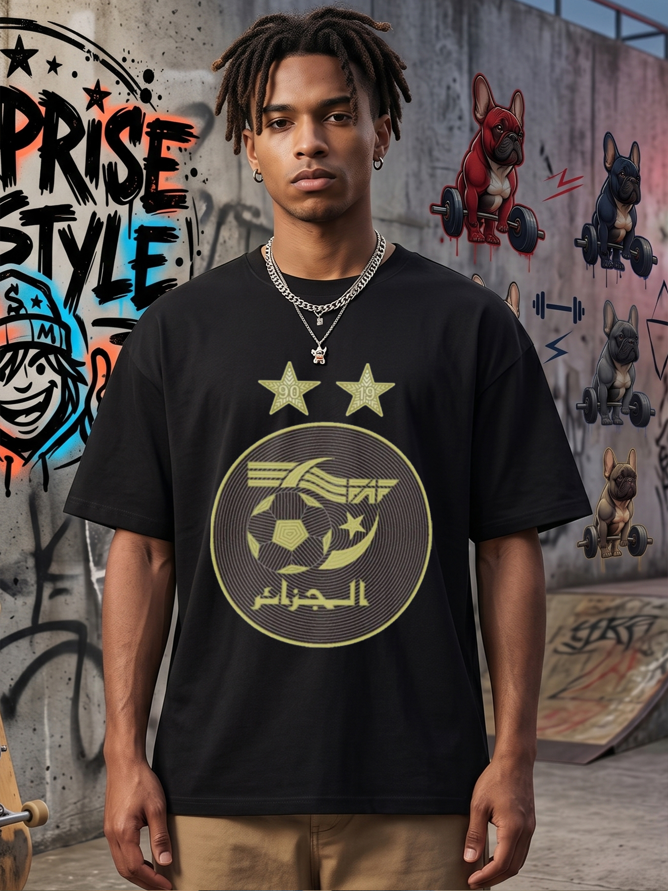 Men's Printed T-Shirt Algeria Football Crest Design Arabic Text 90-19 Stars Casual Round Neck Summer Lightweight Breathable Short Sleeve T-Shirt for Sports Fans and National Pride Enthusiasts