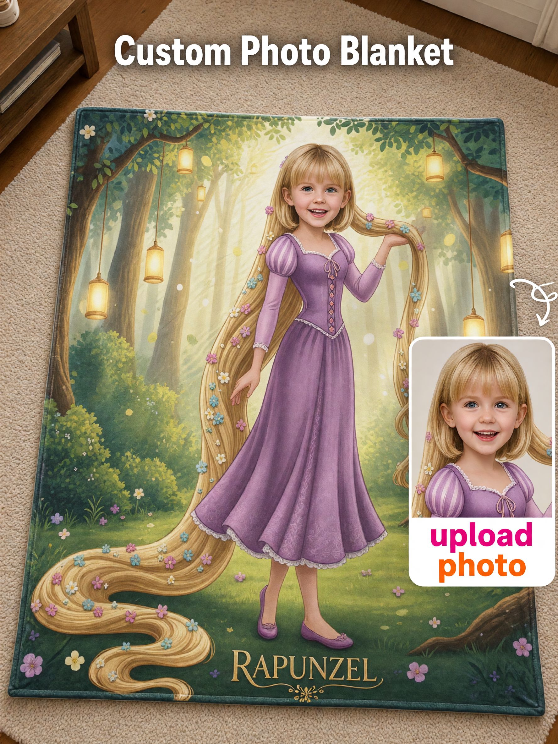 Personalized Photo Face Blanket, Fairy Tale Princess Custom Flannel Fleece Throw, Cozy Keepsake Gift for Girls