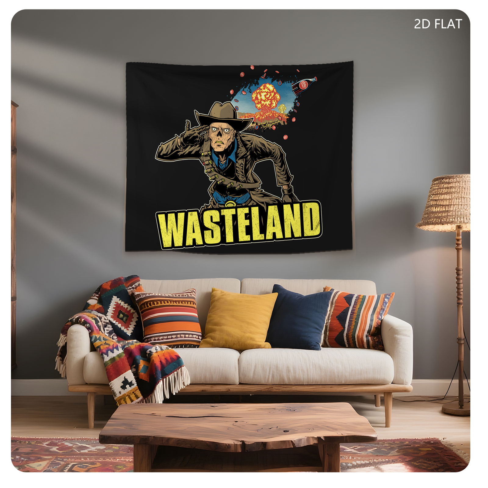 Wasteland: Cowboy in Post-Apocalyptic Desert with Explosion and Bottle - Tapestry