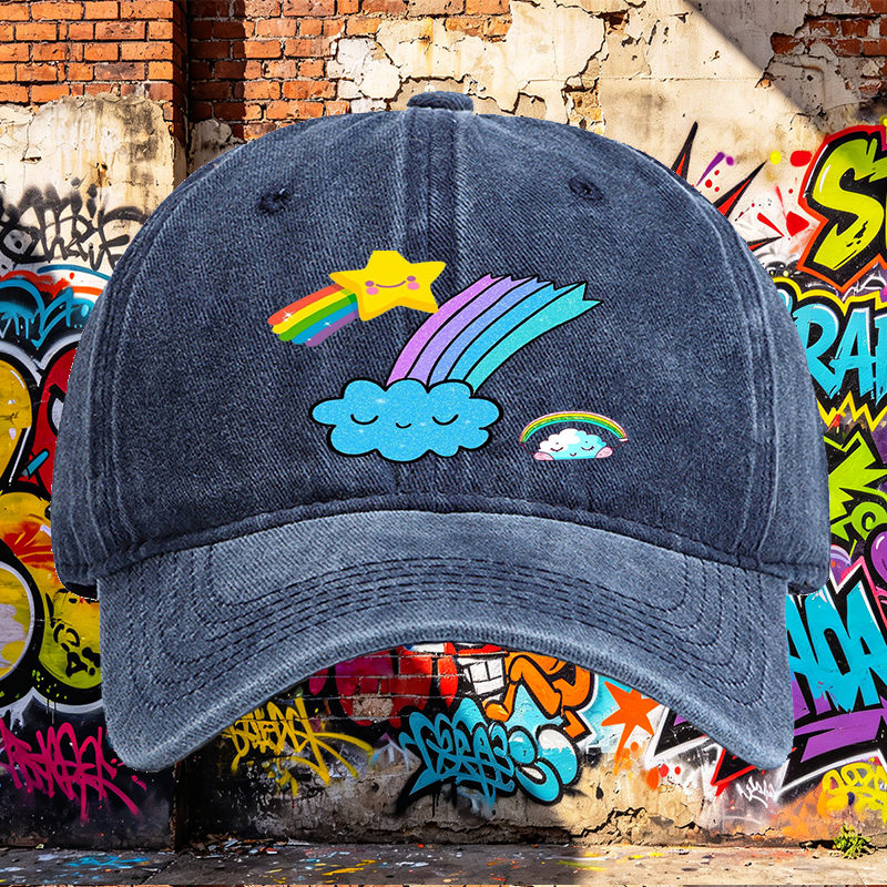 Unisex Classic Washed Cap with Rainbow Star Cloud Print | Casual Outdoor Hat for Youth and Adults | Perfect for Daily Wear, Travel, and Fun Activities
