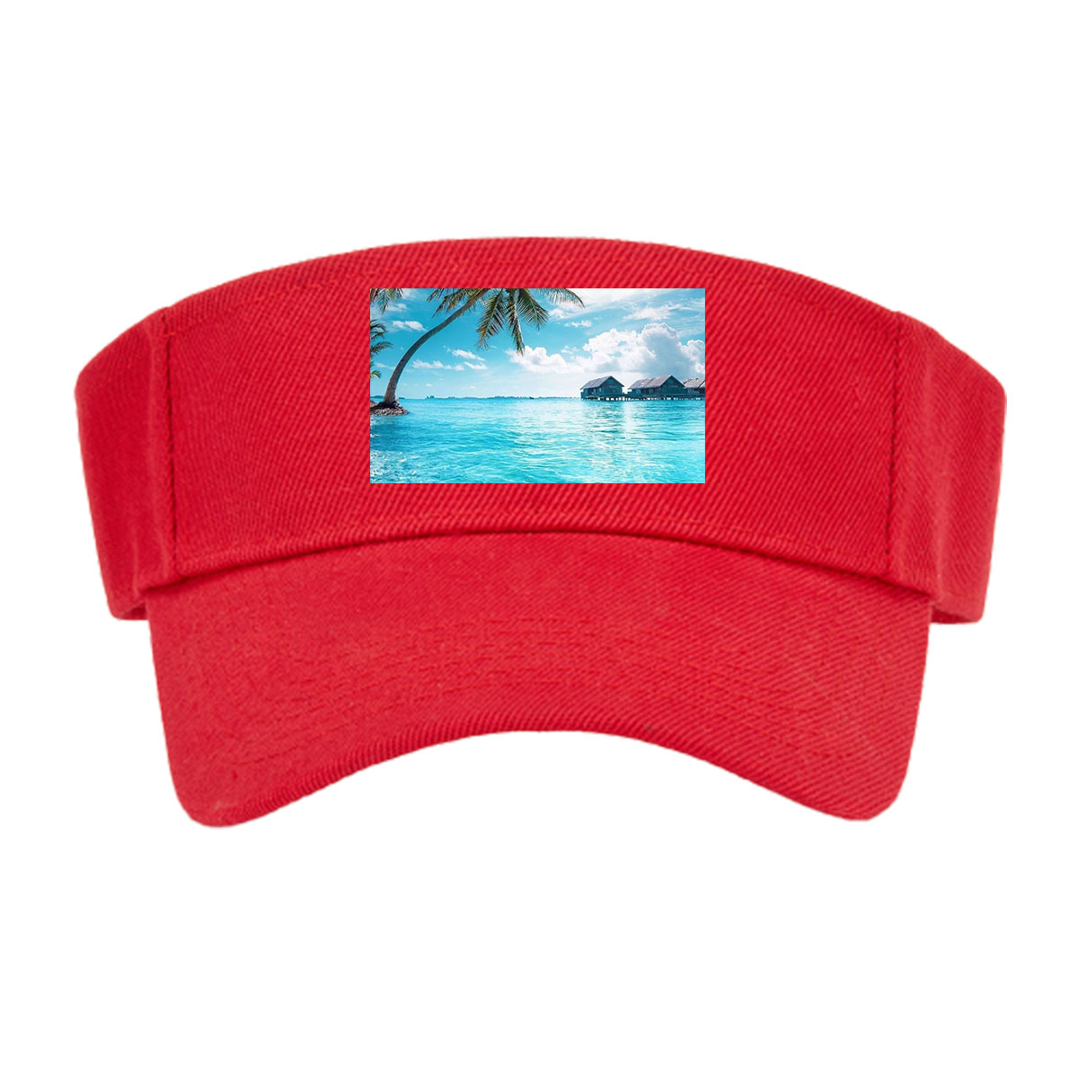 Tropical paradise with palm trees and overwater bungalows in crystal clear blue waters. -  Visor cap