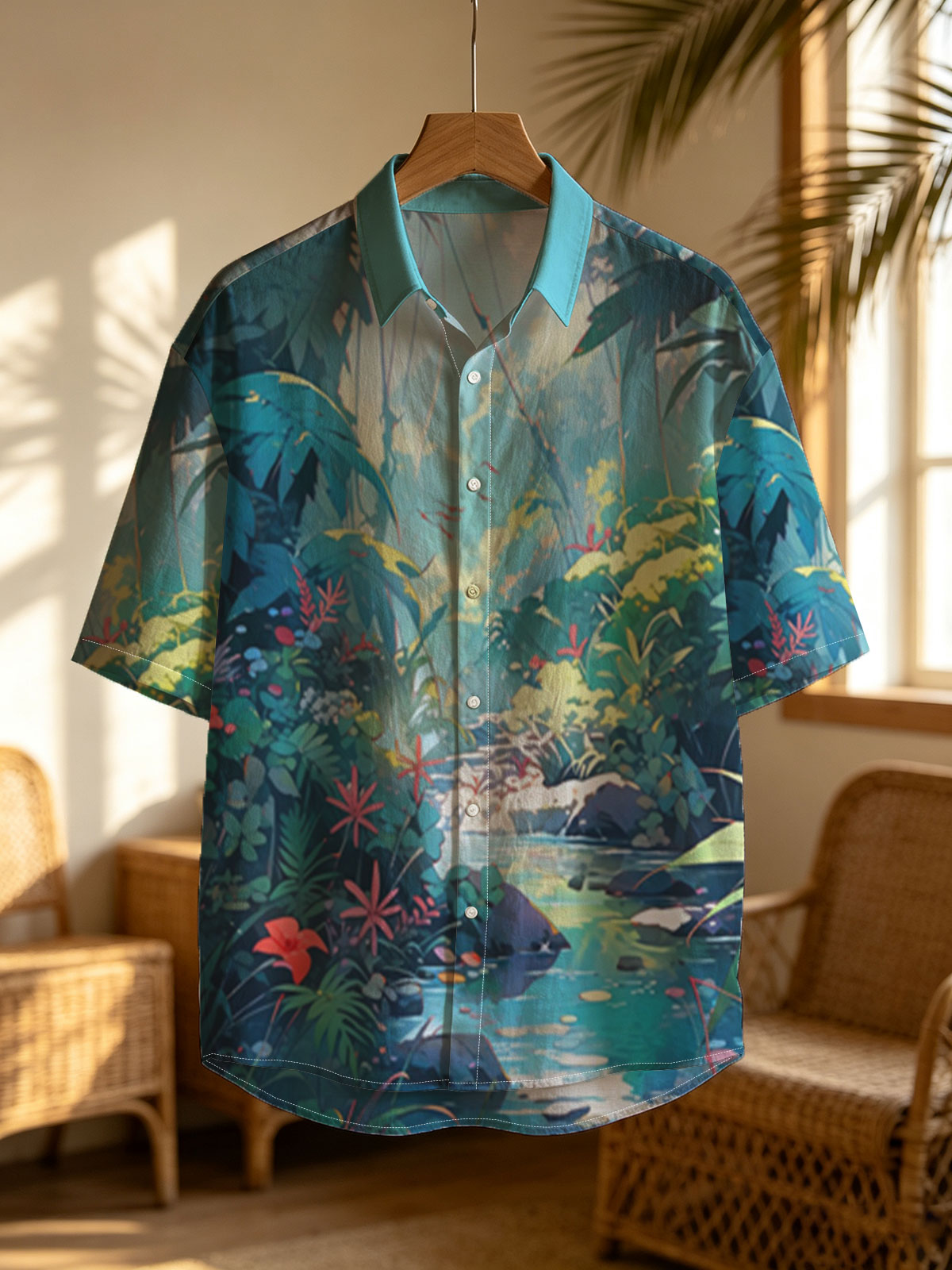 Lush Jungle Stream with Vibrant Flowers and Dappled Light -  Shirt
