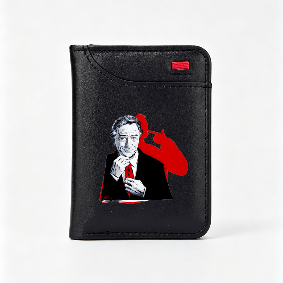 Robert De Niro as a suave gentleman adjusting his red tie, with a bold red silhouette in the background. - Vertical Style Wallet