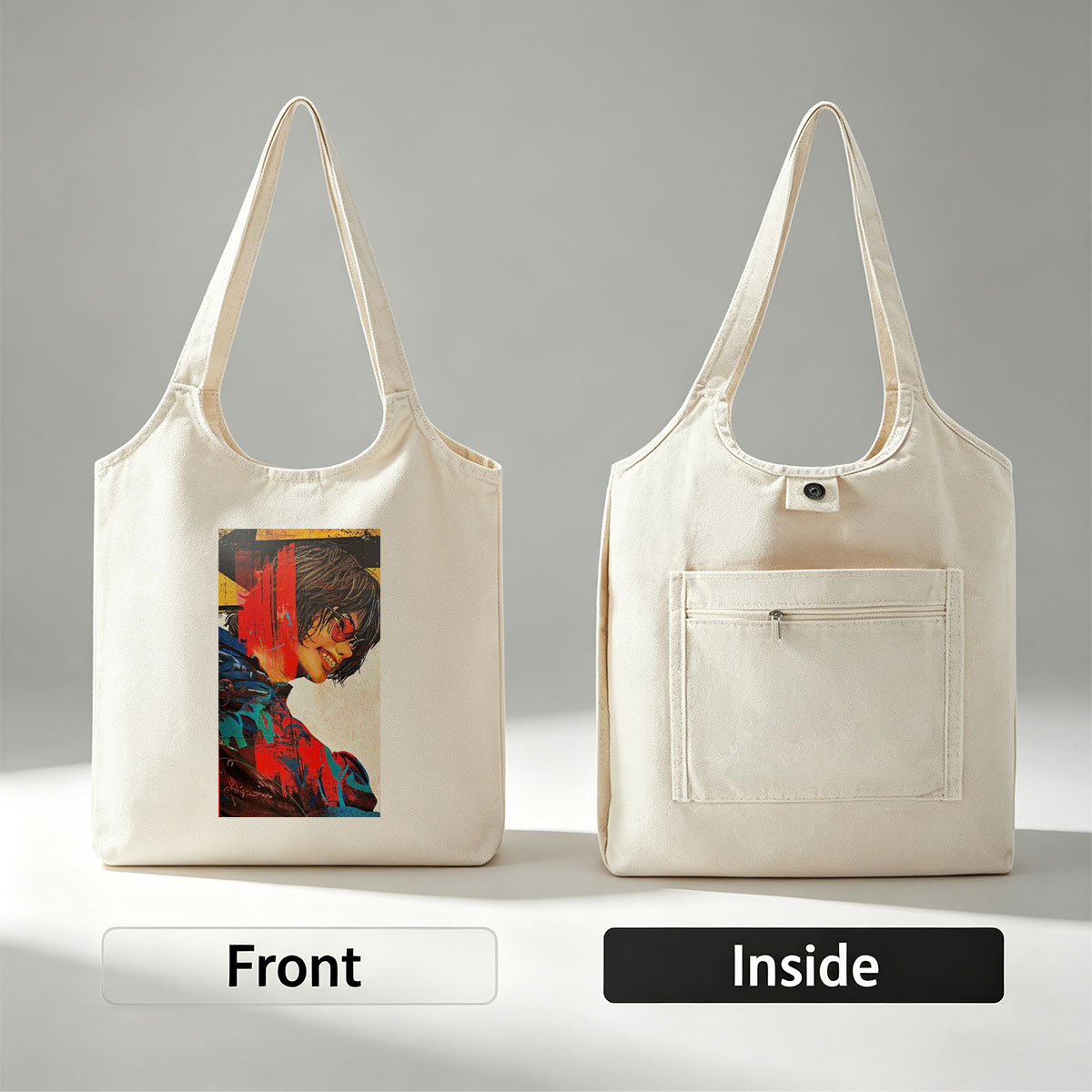 Billie Eilish in a Vibrant Artistic Portrait with Bold Colors and Abstract Elements - Canvas shoulder bags/