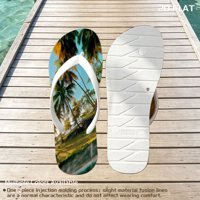 Tropical palm trees sway under a clear blue sky, casting golden shadows on the ground. -  flip-flops