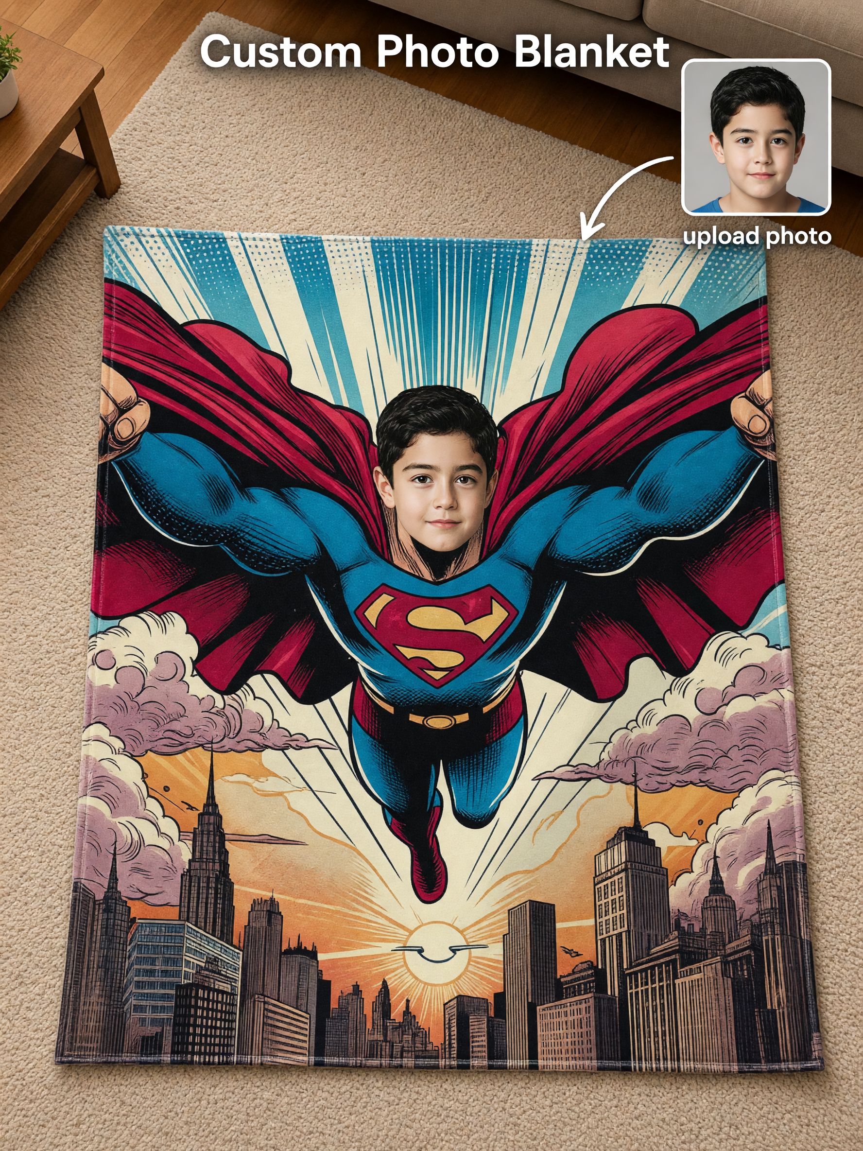 Custom Face Superhero Flannel Blanket, Personalized Photo Comic Fleece Throw, Ultra Soft Cozy Keepsake Gift for Kids