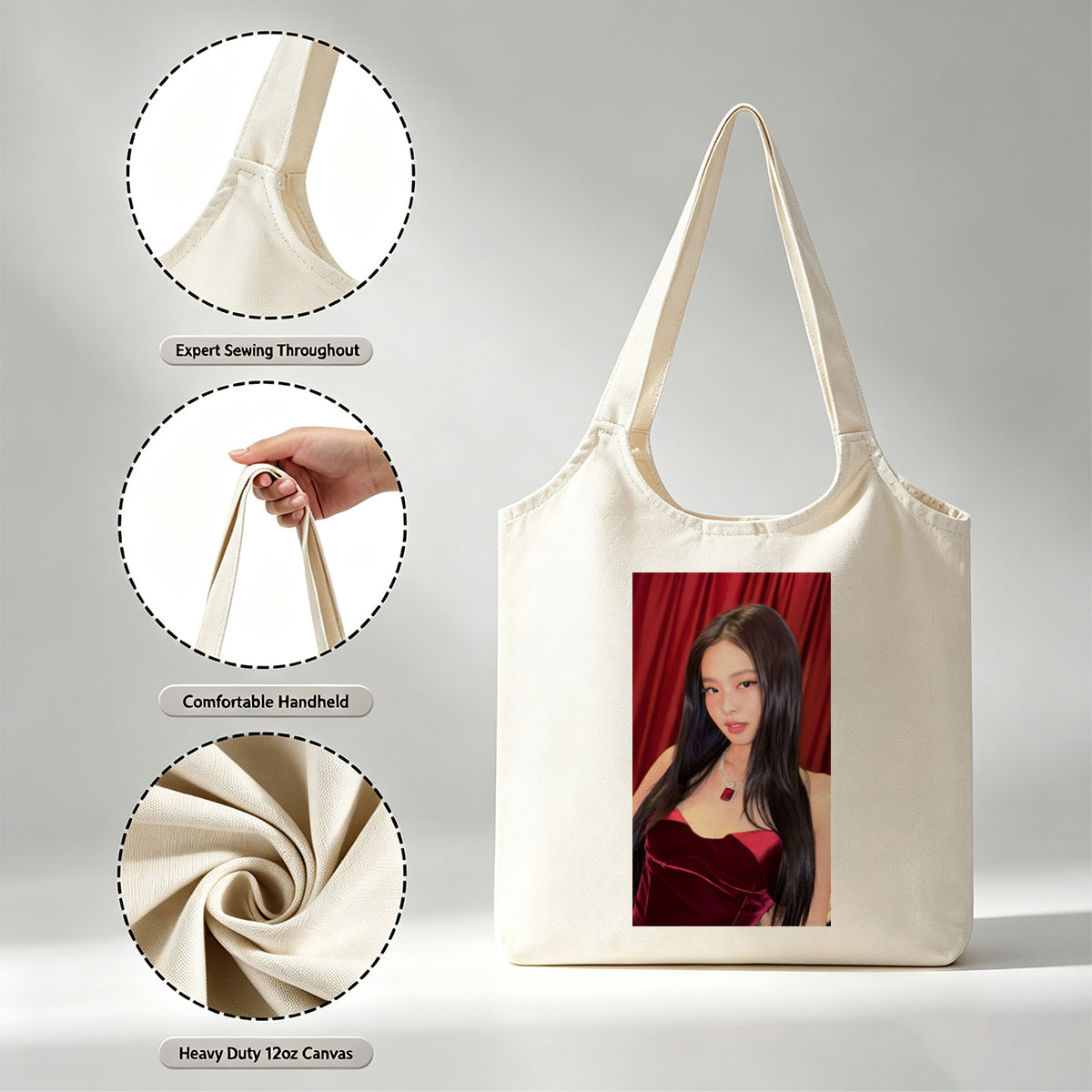 Jennie Kim in Red Velvet Dress at Glamorous Event with Red Curtain Background - Canvas shoulder bags/