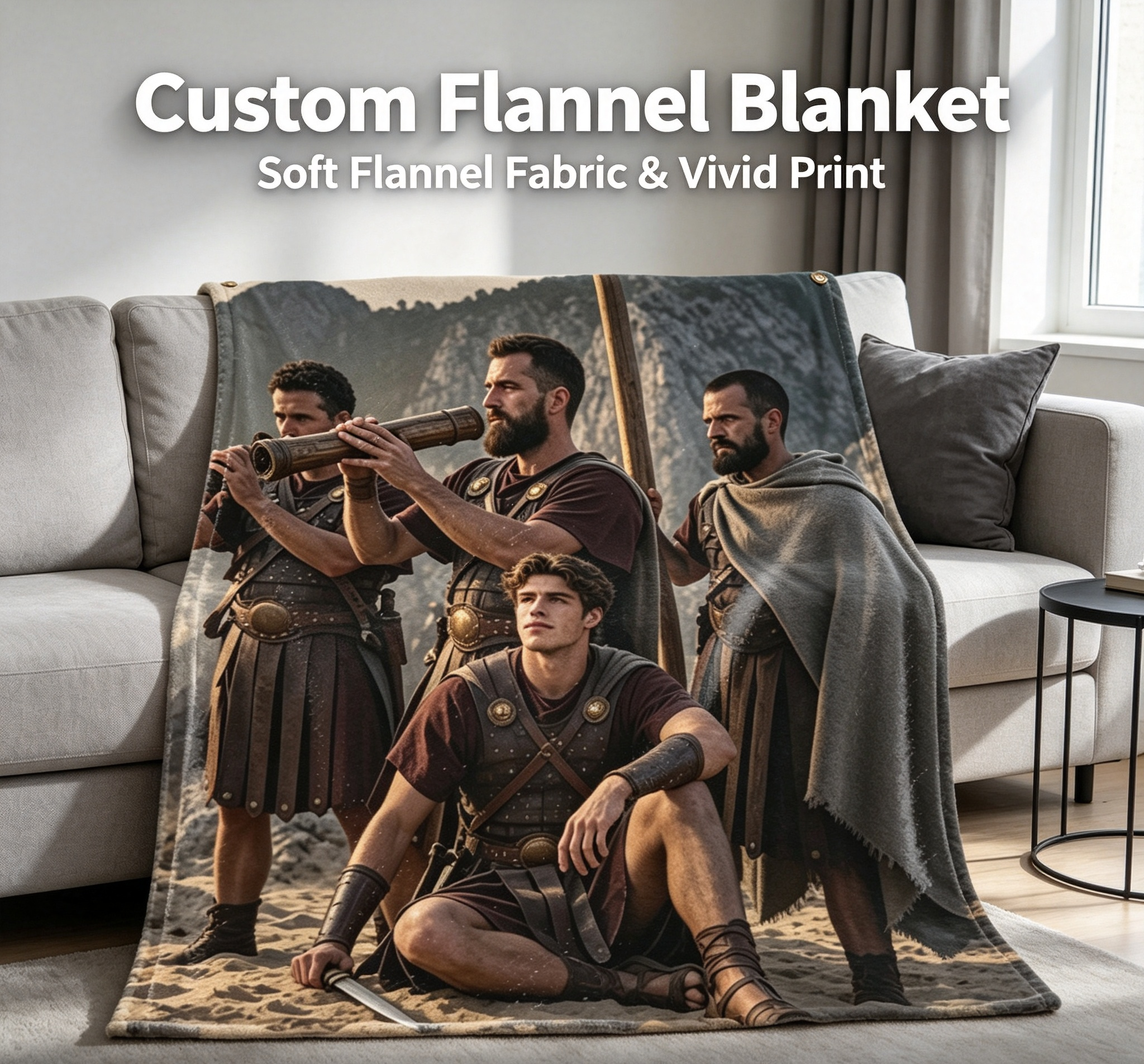Custom Face Blanket Ancient Warriors Mountain Scene Flannel Blanket Perfect for Camping and Outdoor Adventures Ideal Gift for History Enthusiasts and Movie Fans