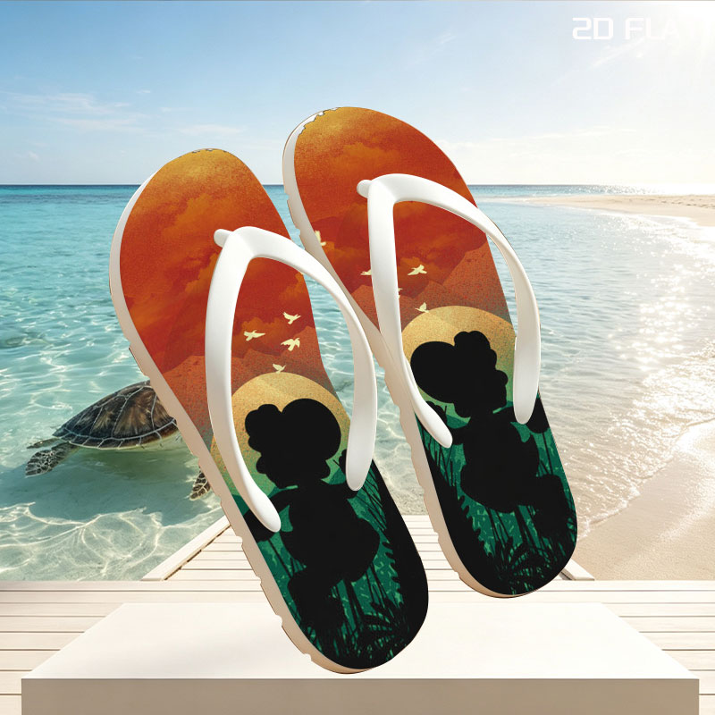 Mickey Mouse Silhouette at Sunset with Birds Flying -  flip-flops