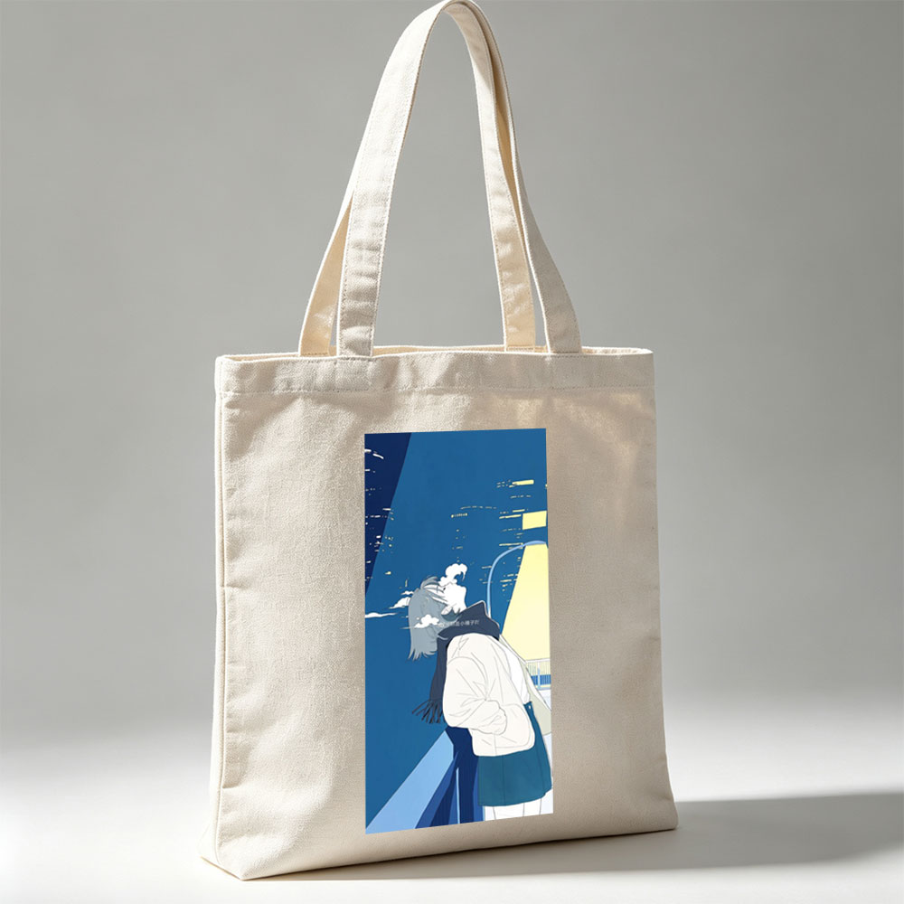 Anime Character in Winter Coat Breathing Steam Against City Night Sky - Canvas tote bags