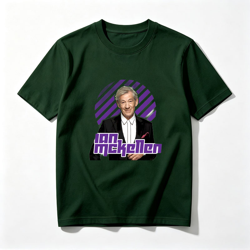 Ian McKellen in a formal suit with a purple and black striped background - Tee
